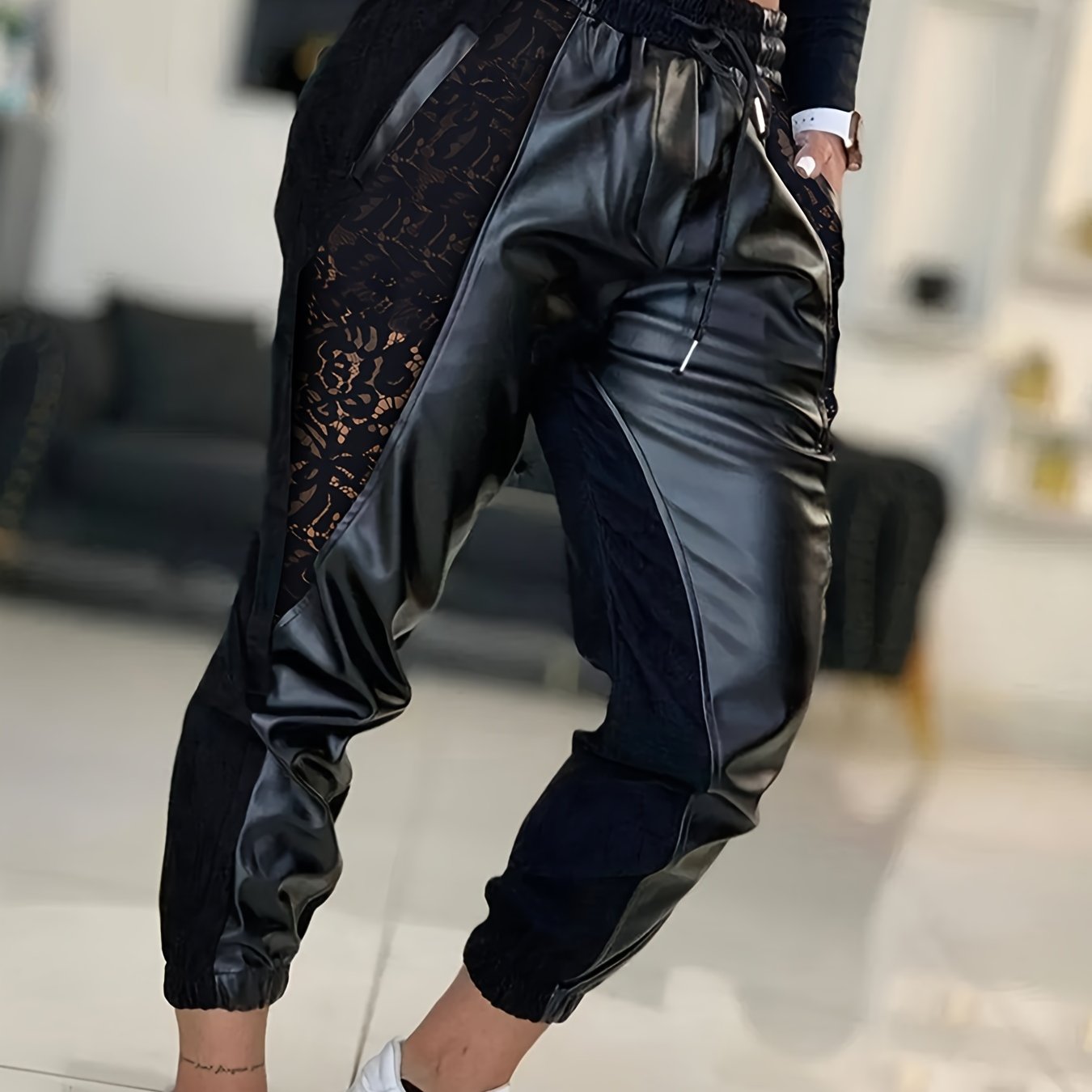 Sixsr Lace Solid Pants, Casual Every Day Pants For Spring & Fall, Women's Clothing