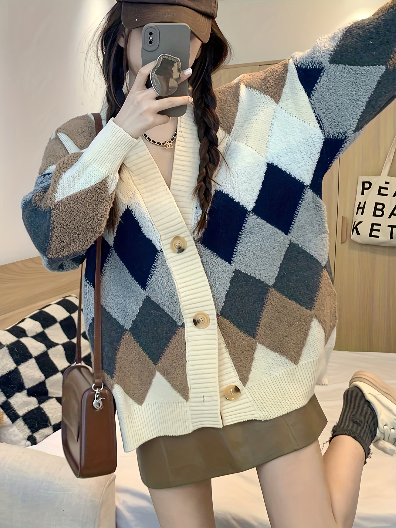Sixsr Plaid Button Down Knit Cardigan, Casual Long Sleeve Thick Sweater Coat, Women's Clothing