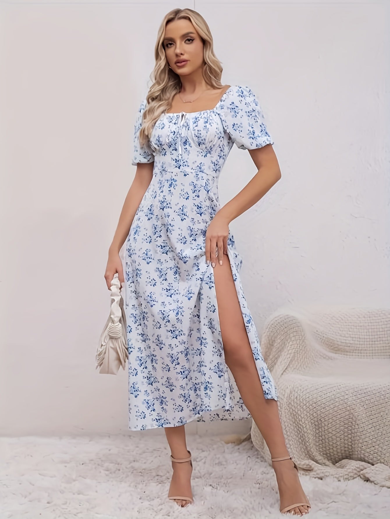 Sixsr Floral Print Split Backless Dress, Boho Square Neck Short Sleeve Dress, Women's Clothing