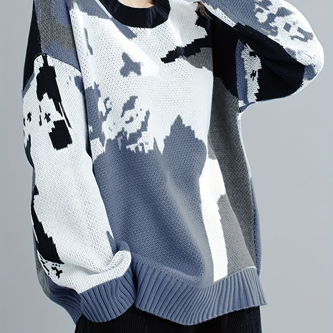Sixsr Random Pattern Crew Neck Sweater, Casual Long Sleeve Sweater For Fall & Winter, Women's Clothing