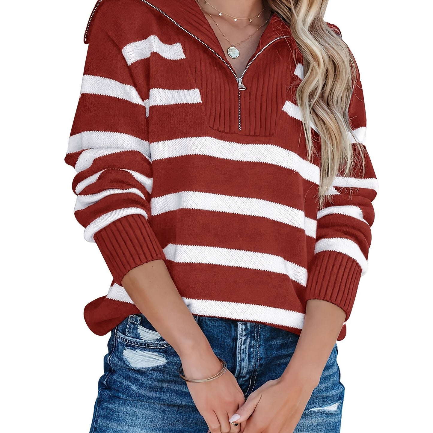 Lapel Striped Sweater, Long Sleeve Casual Sweater For Fall & Winter, Women's Clothing