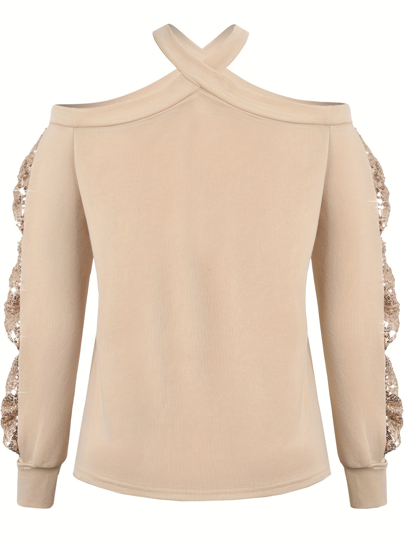 Sixsr Plus Size Sexy Top, Women's Plus Solid Sequin Decor Cold Shoulder Cut Out Long Sleeve Criss Cross Halter Neck Medium Stretch Top