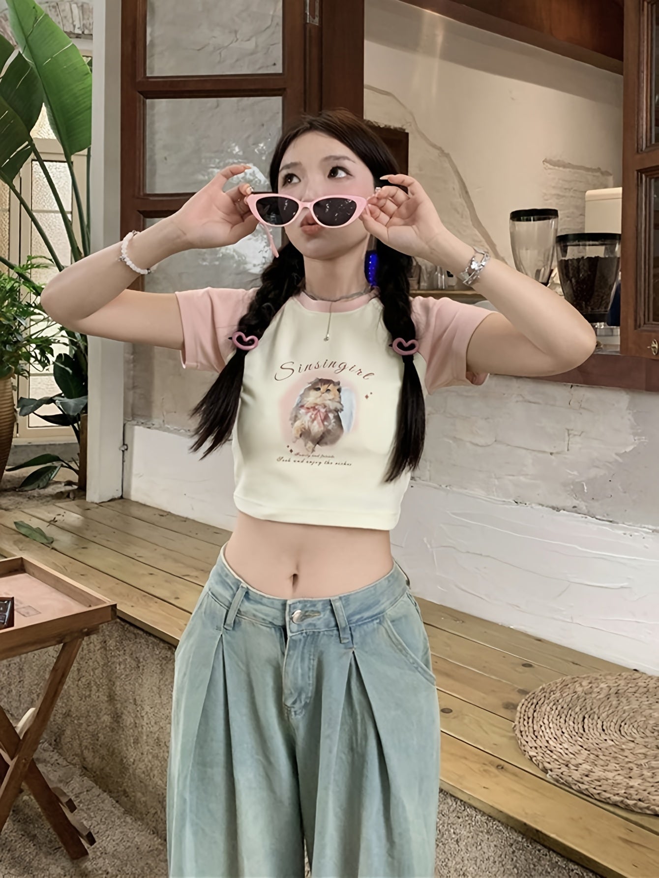 Sixsr Cat Print Crew Neck Crop T-Shirt, Y2K Short Sleeve T-Shirt For Spring & Summer, Women's Clothing