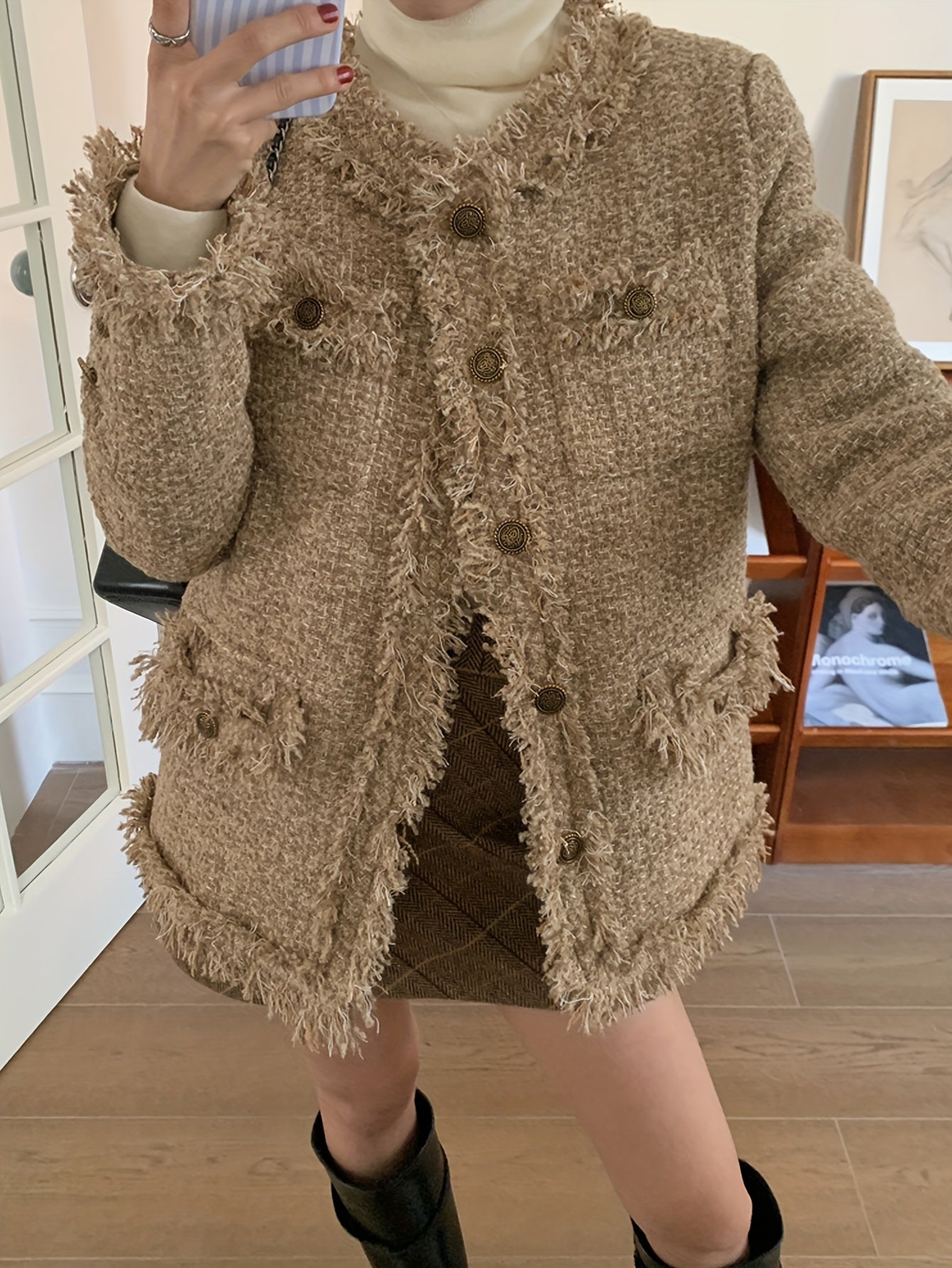 Sixsr Raw Trim Button Front Coat, Chic Long Sleeve Pocket Coat For Fall & Winter, Women's Clothing