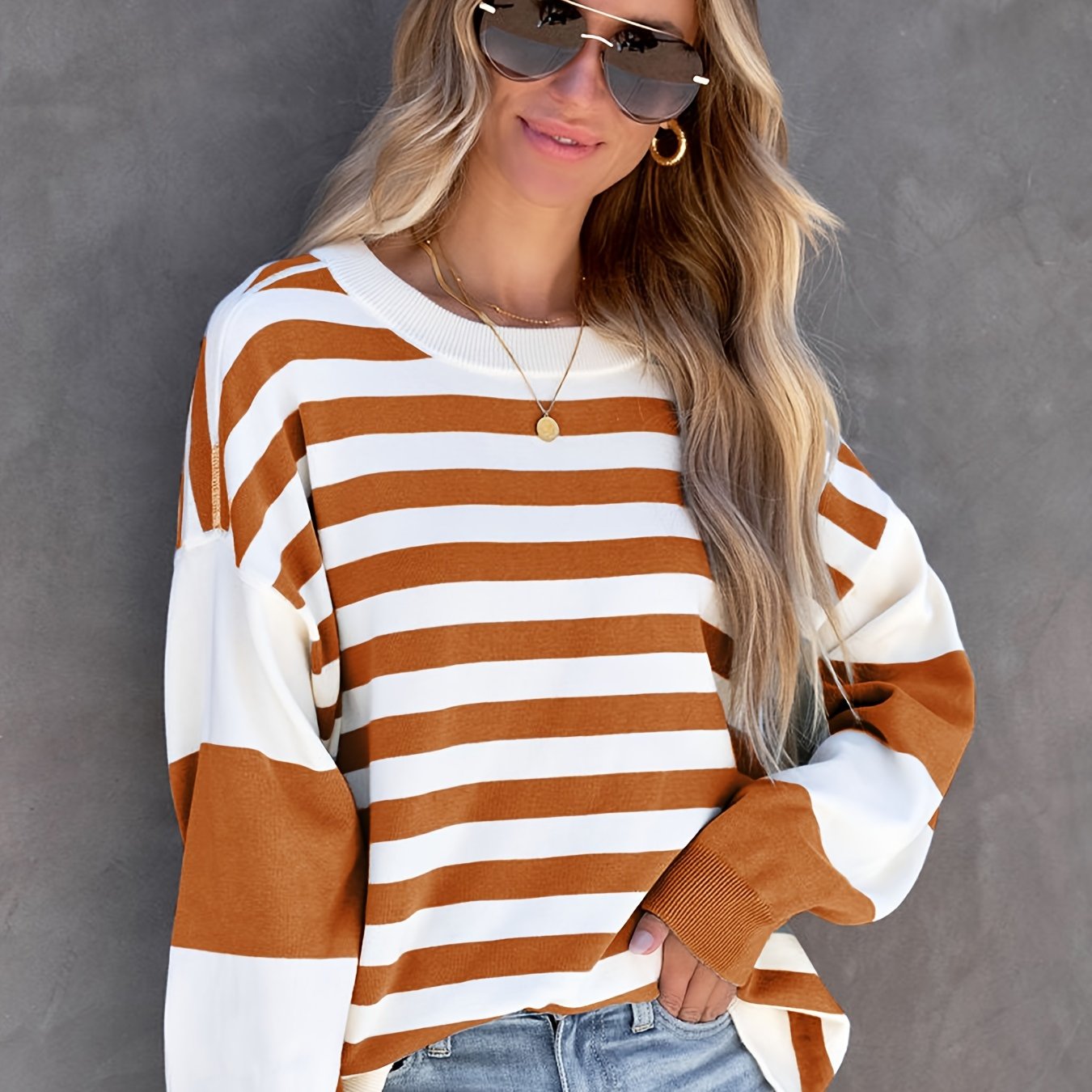 Sixsr Striped Drop Shoulder Pullover, Crew Neck Long Sleeve Sweatshirt For Fall & Winter, Women's Clothing