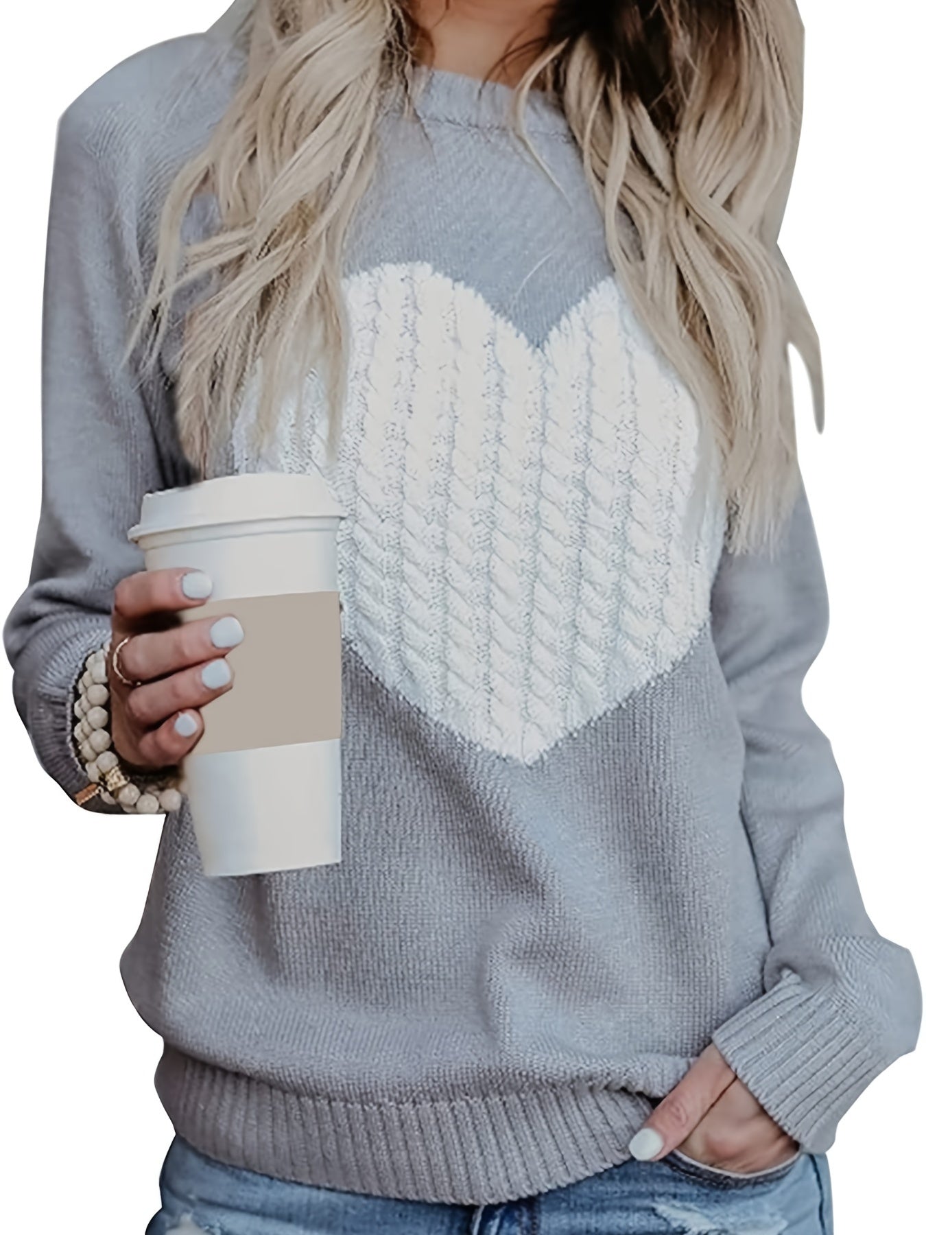 Sixsr Heart Graphic Long Sleeve Sweater, Crew Neck Casual Sweater, Women's Clothing