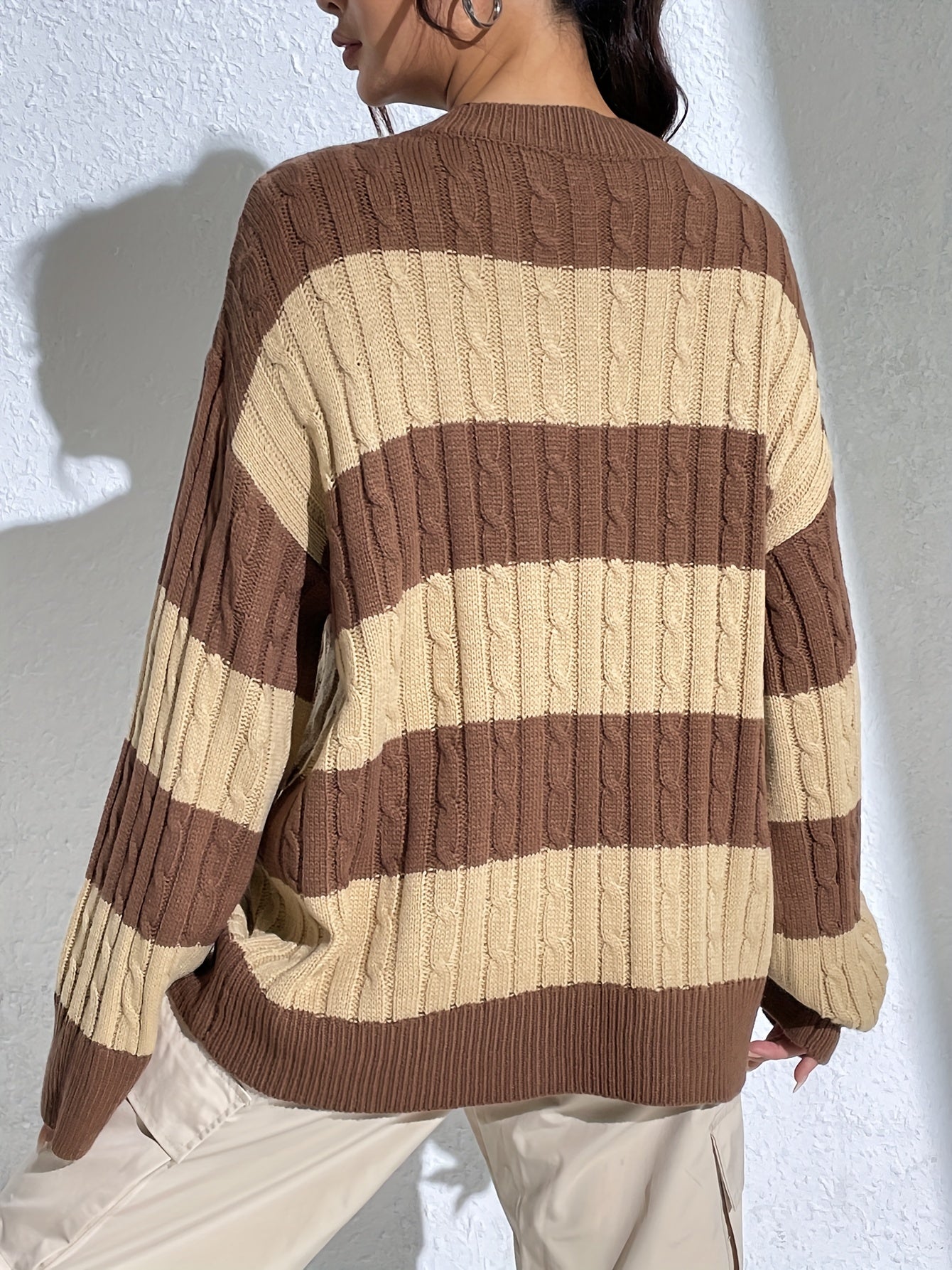 Sixsr Color Block V Neck Cable Knit Sweater, Casual Long Sleeve Drop Shoulder Sweater, Women's Clothing
