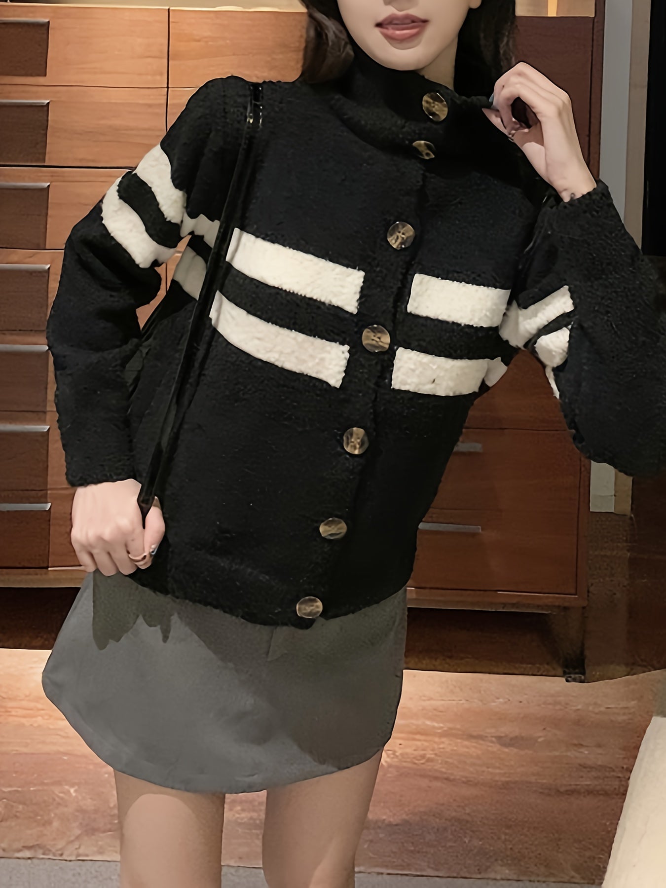Sixsr Striped Button Front Knit Cardigan, Casual Long Sleeve Sweater, Women's Clothing