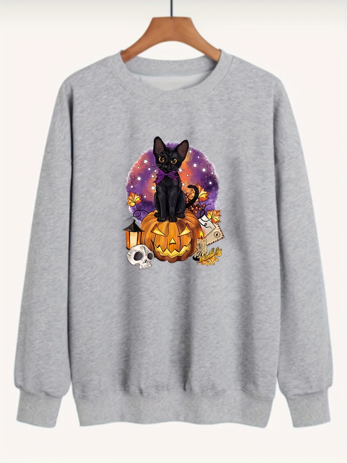 Sixsr Plus Size Halloween Casual Sweatshirt, Women's Plus Cat & Skull & Pumpkin Print Round Neck Long Sleeve Sweatshirt