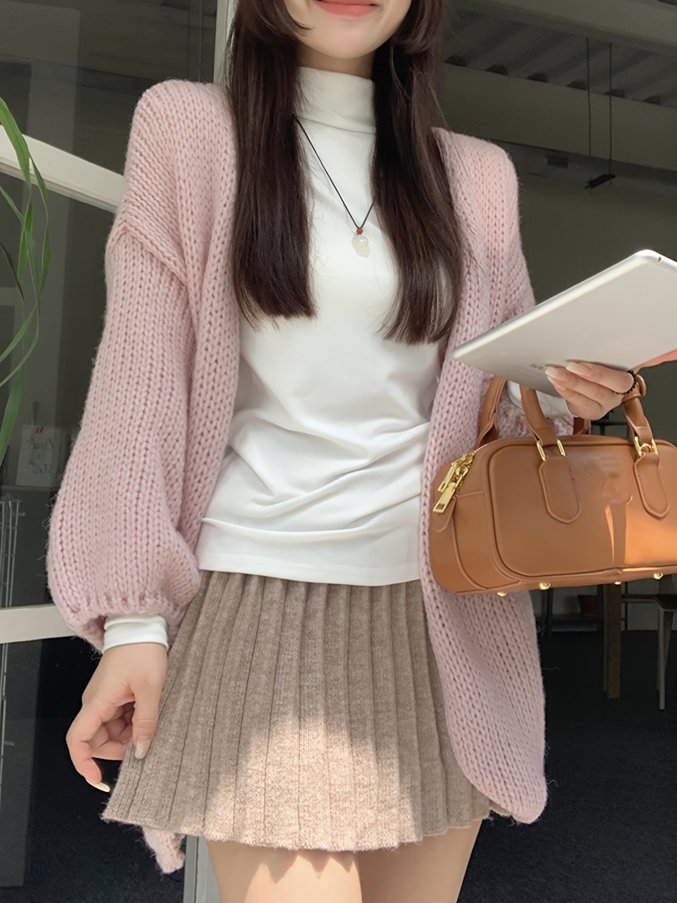 Sixsr Solid Open Front Knit Cardigan, Casual Lantern Sleeve Loose Slouchy Sweater, Women's Clothing