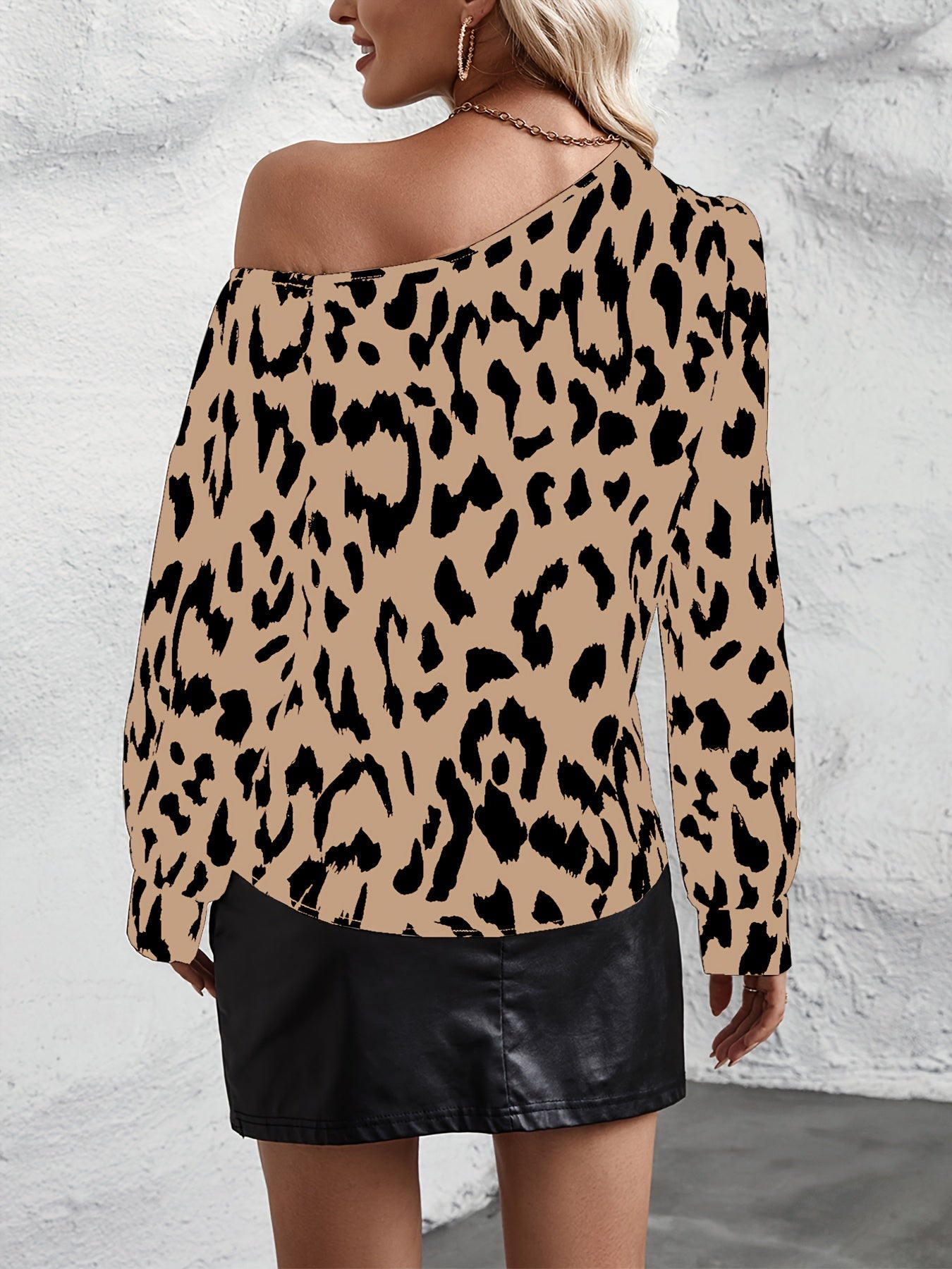 Sixsr Leopard Print Slanted Shoulder Blouse, Casual Long Sleeve Asymmetrical Blouse, Women's Clothing