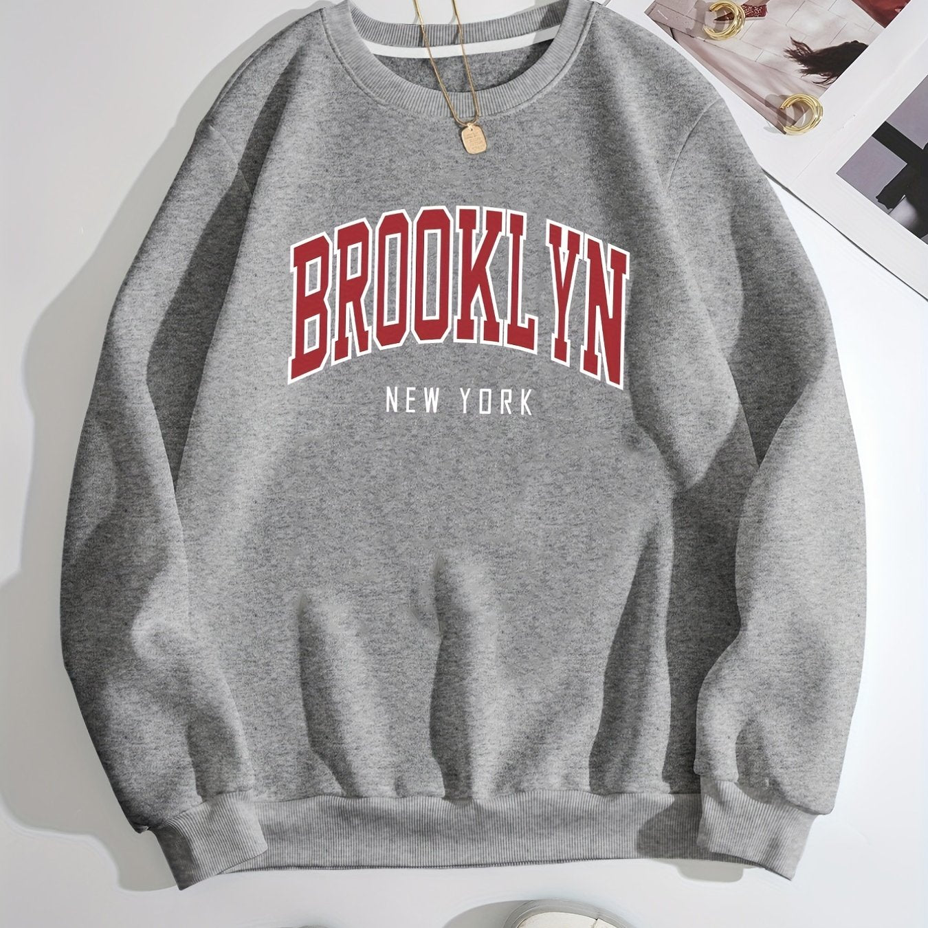 Sixsr Brooklyn Print Solid Pullover, Crew Neck Long Sleeve Casual Sweatshirt, Women's Clothing
