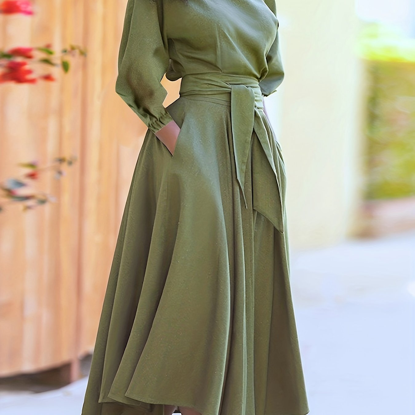 Sixsr Slant Shoulder Neck Tie Waist Dress, Elegant Dual Pockets Short Sleeve Dress, Women's Clothing