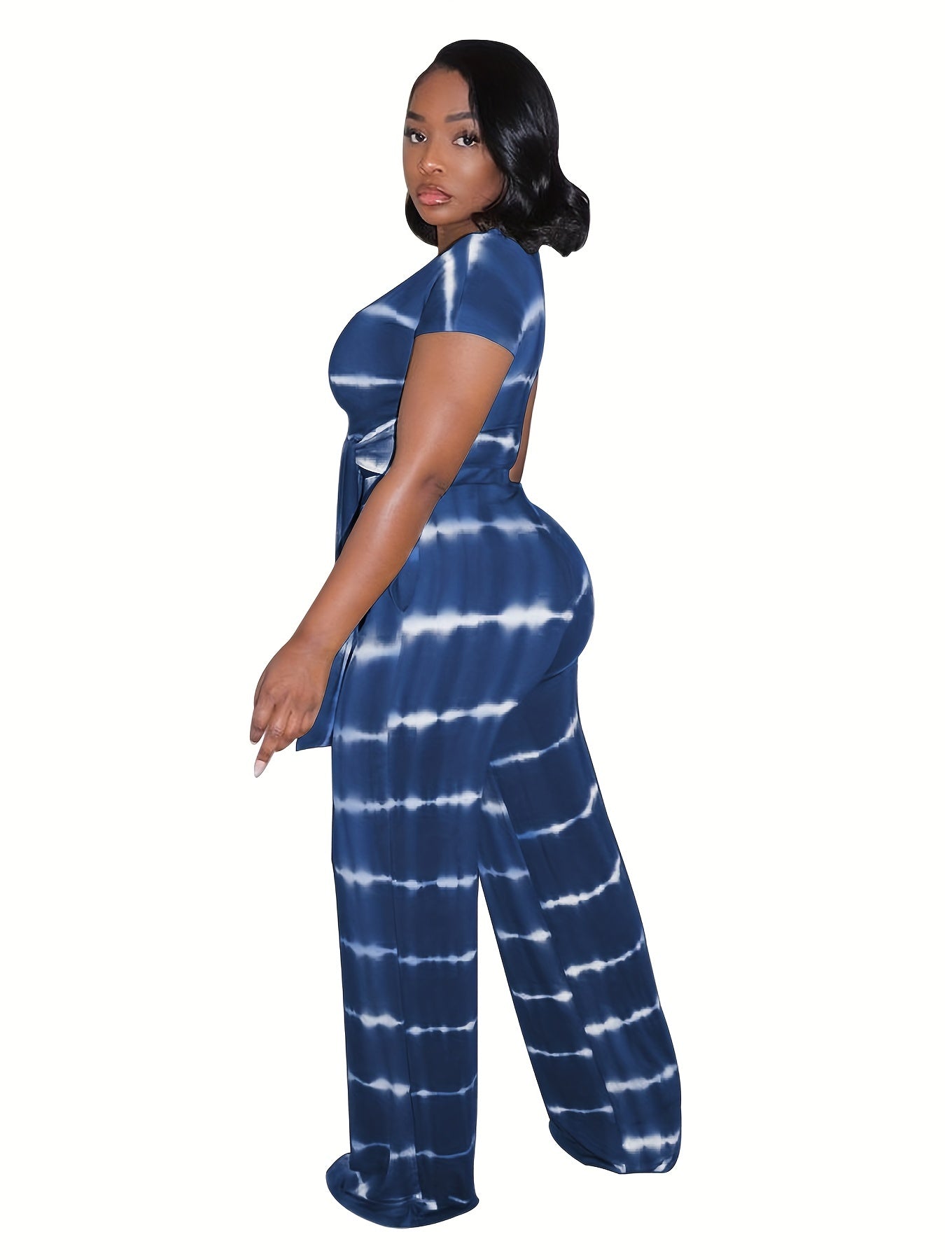 two-piece Tie Dye Casual Set for Women - Short Sleeve Lace Up T-shirt and Straight Leg Pants Outfit for Comfortable and Stylish Look
