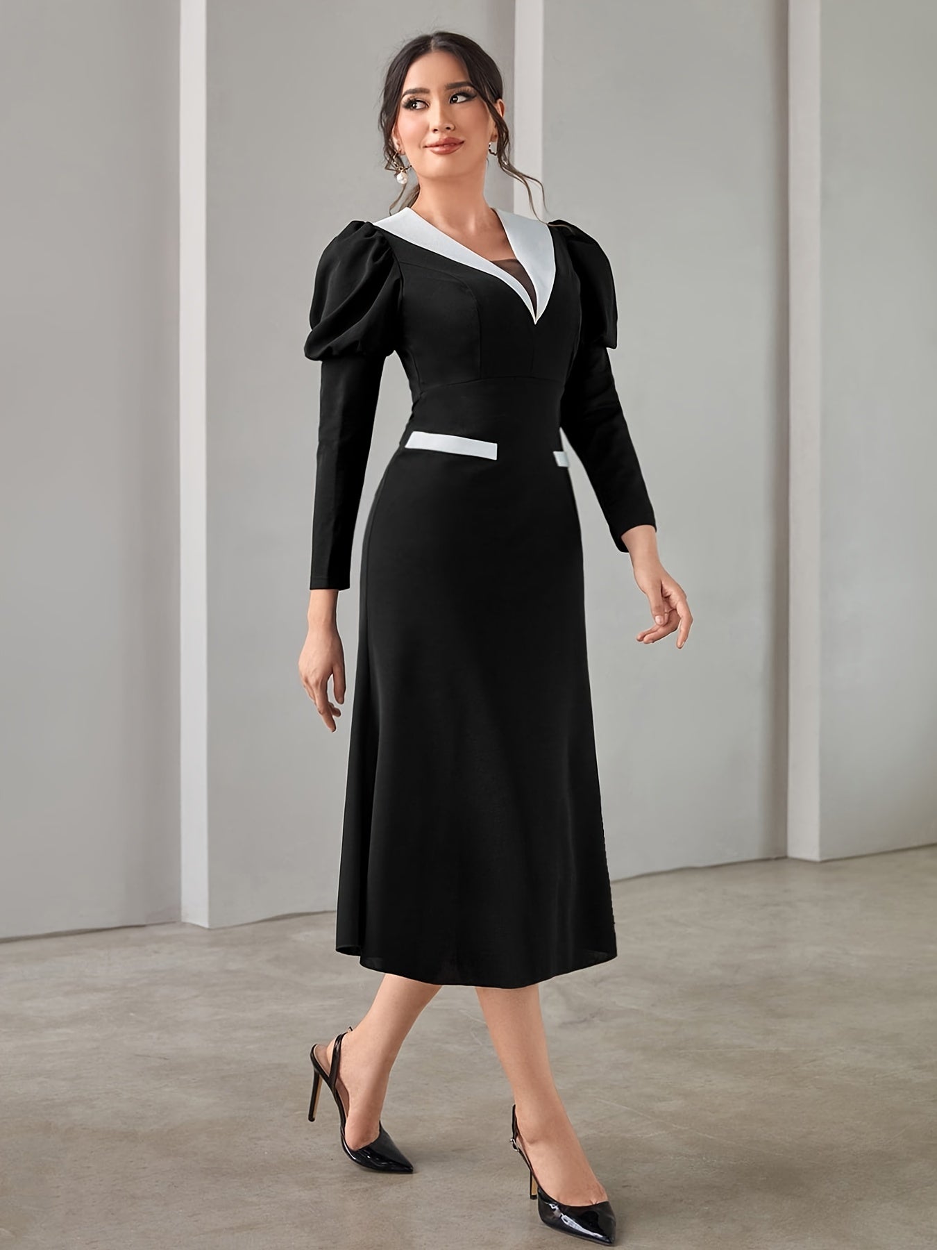Sixsr Color Block Puff Long Sleeve Dress, Elegant V Neck Midi Dress, Women's Clothing