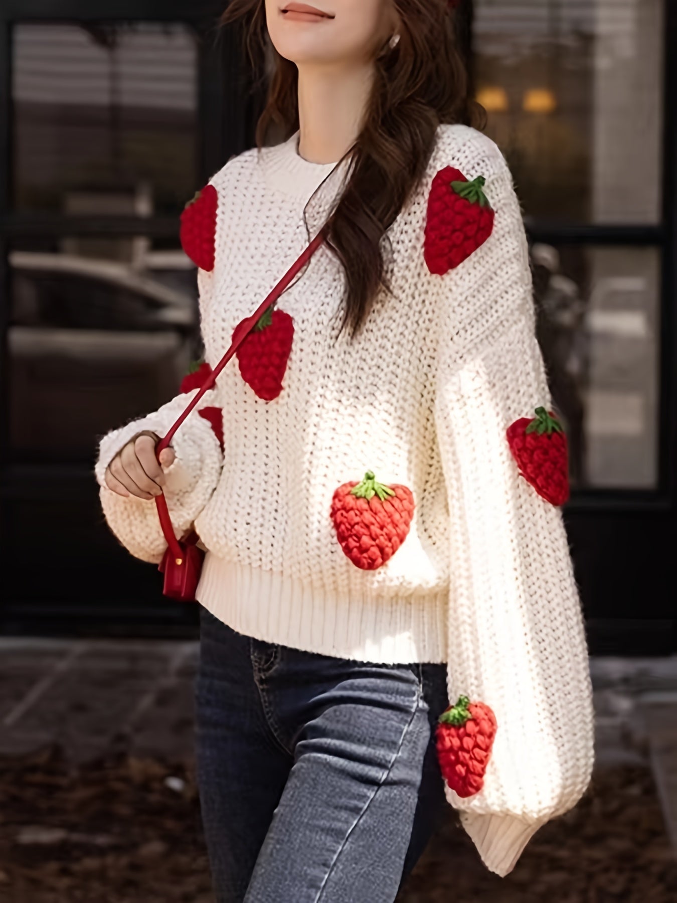 Sixsr Women's Strawberry Print Crew Neck Crochet Knit Tops, Cute Fall Winter Pullover Sweaters, Women's Clothing