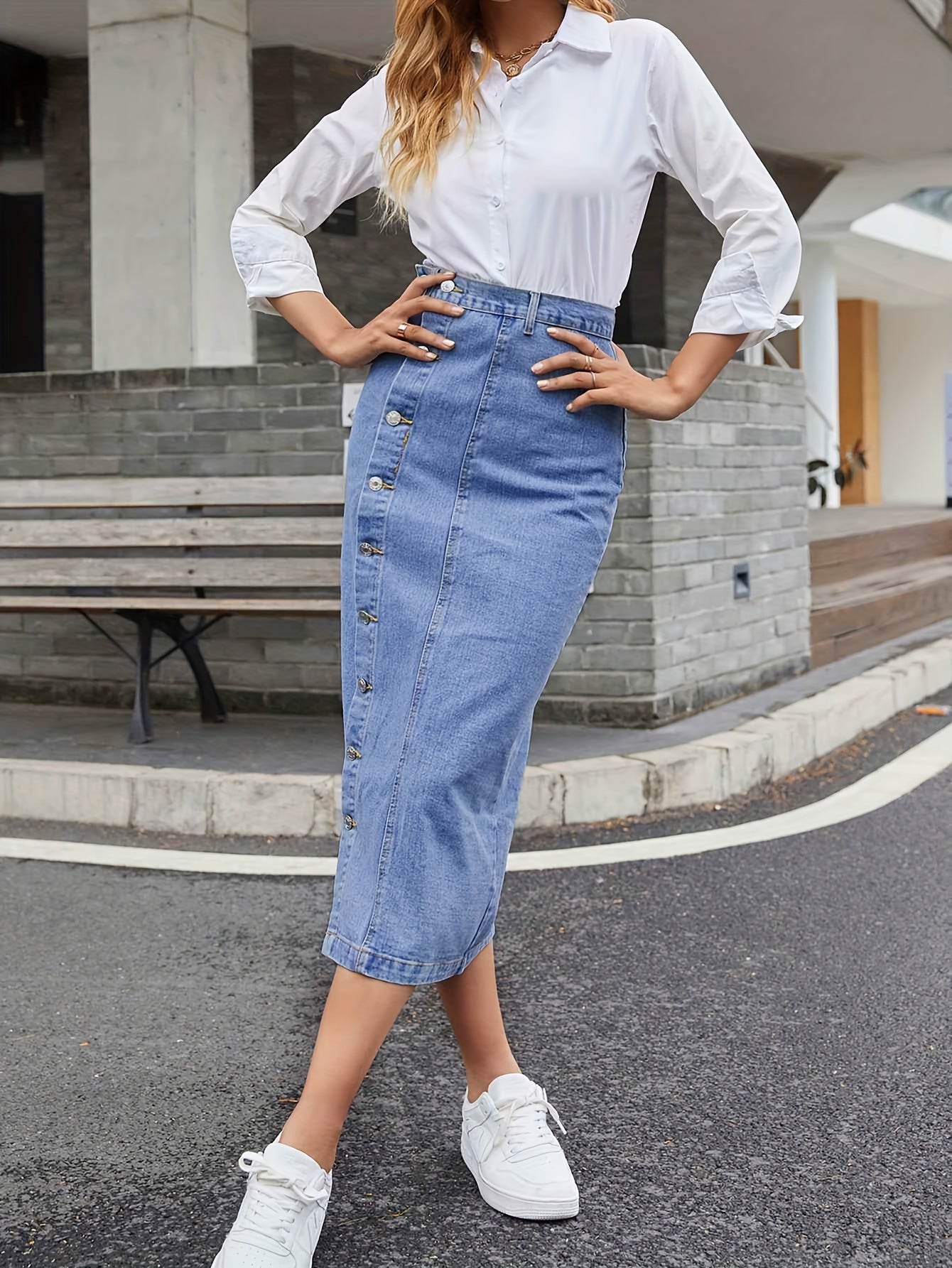 Sixsr Side Single-breasted Button Split Denim Skirts, High Waist Patchwork Versatile Denim Skirts, Women's Denim Clothing