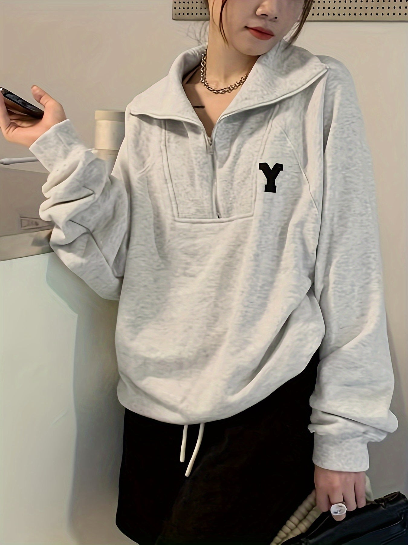 Sixsr Latter Pattern Print Half Zip Sweatshirt, Casual Long Sleeve Lapel Sweatshirt For Fall & Winter, Women's Clothing