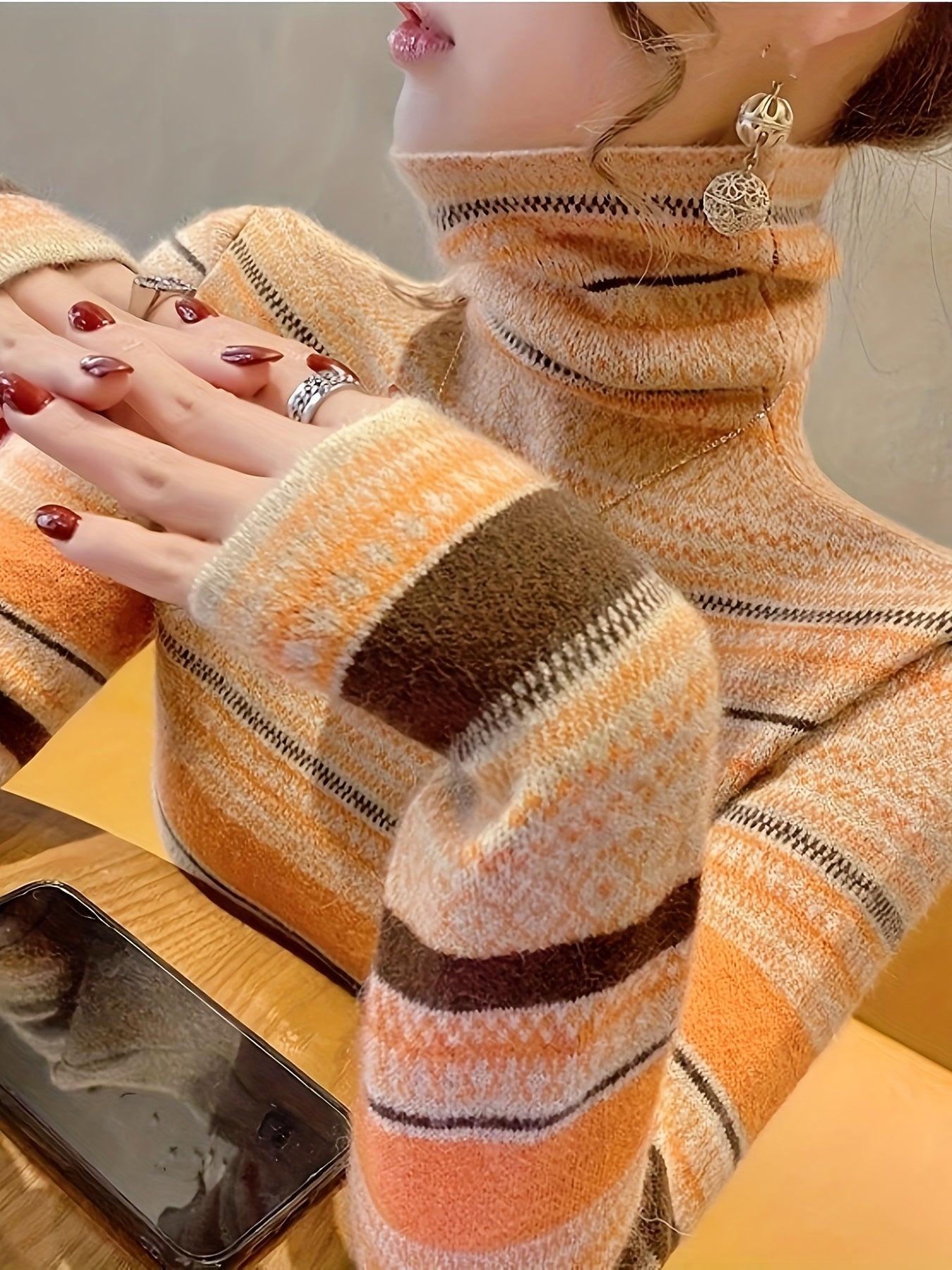 Sixsr Stripes Print Turtle Neck Pullover Sweater, Elegant Long Sleeve Knitted Sweater For Fall & Winter, Women's Clothing