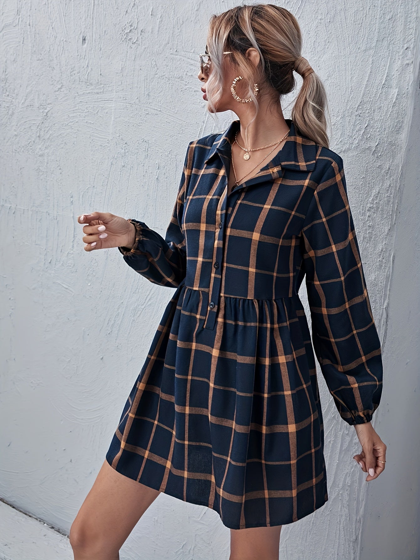 Sixsr Plaid Print Shirt Dress, Elegant Button Long Lantern Sleeve Dress For Spring & Fall, Women's Clothing