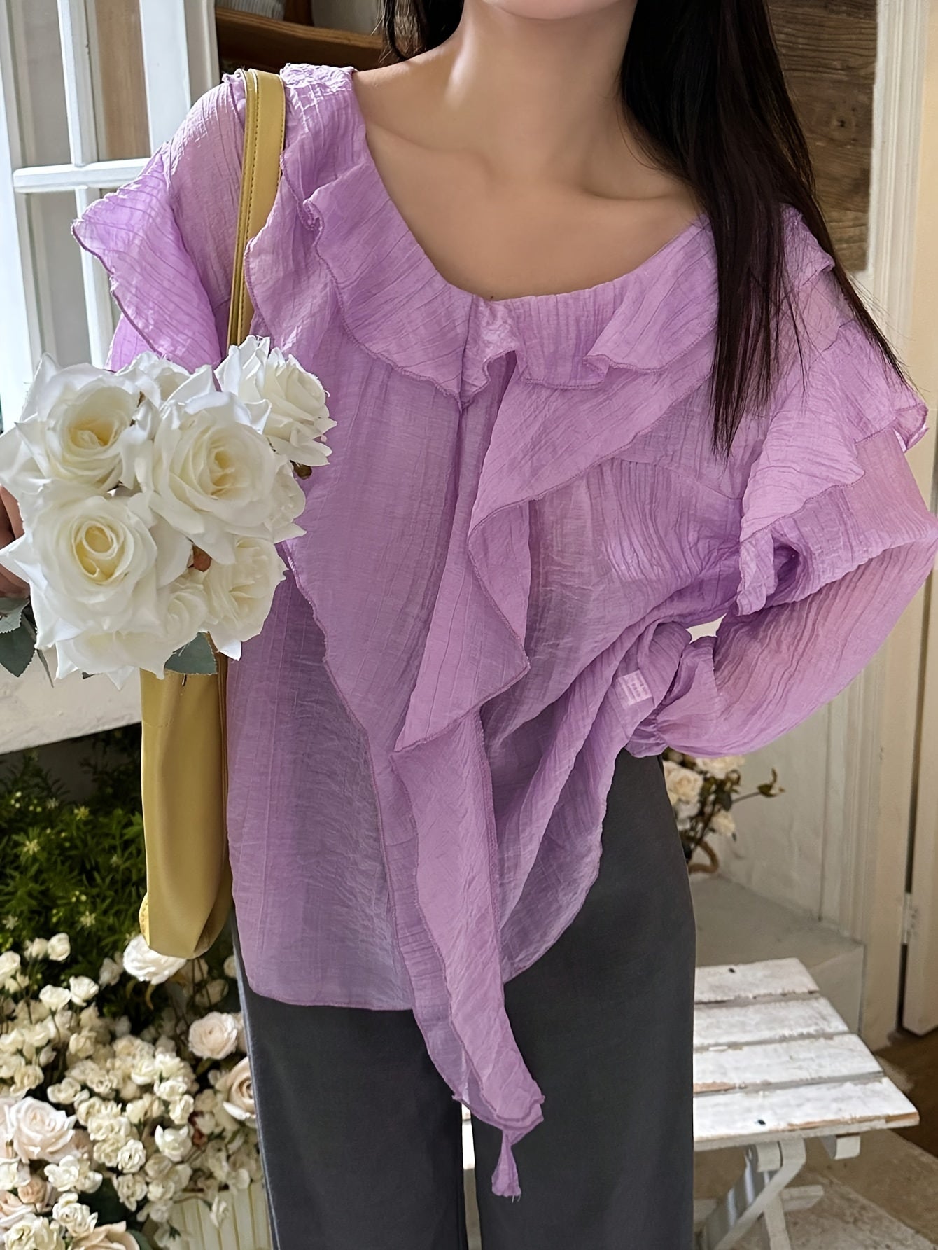 Sixsr Solid Ruffle Trim V-neck Blouse, Elegant Long Sleeve Blouse For Spring & Fall, Women's Clothing