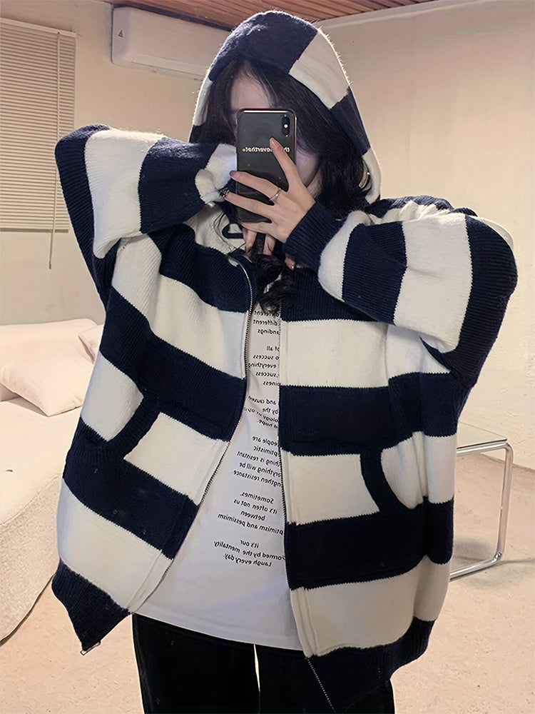 Sixsr Striped Zip Up Knit Cardigan, Vintage Long Sleeve Loose Hooded Sweater, Women's Clothing