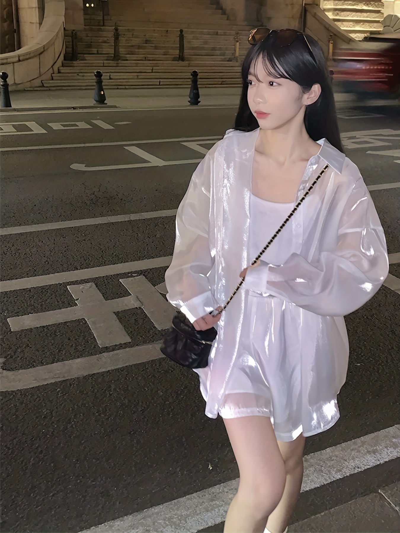 Sixsr Shiny Solid Shirt, Casual Button Front Long Sleeve Shirt, Women's Clothing