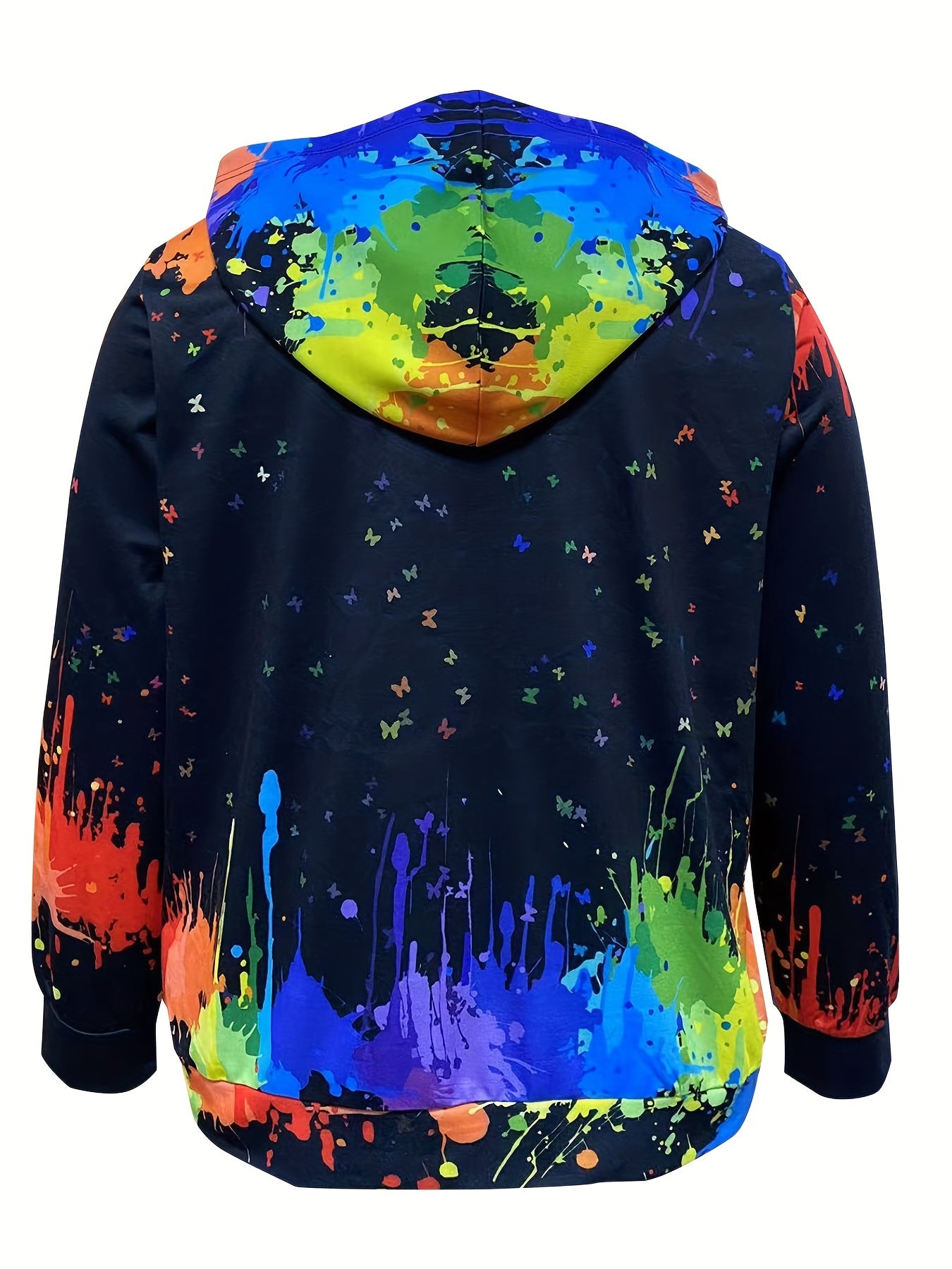 Sixsr Plus Size Casual Sweatshirt, Women's Plus Hand & Splash Painting Print Long Sleeve Drawstring Hooded Pullover Sweatshirt With Kangaroo Pockets, Casual Tops For Fall & Winter, Plus Size Women's Clothing