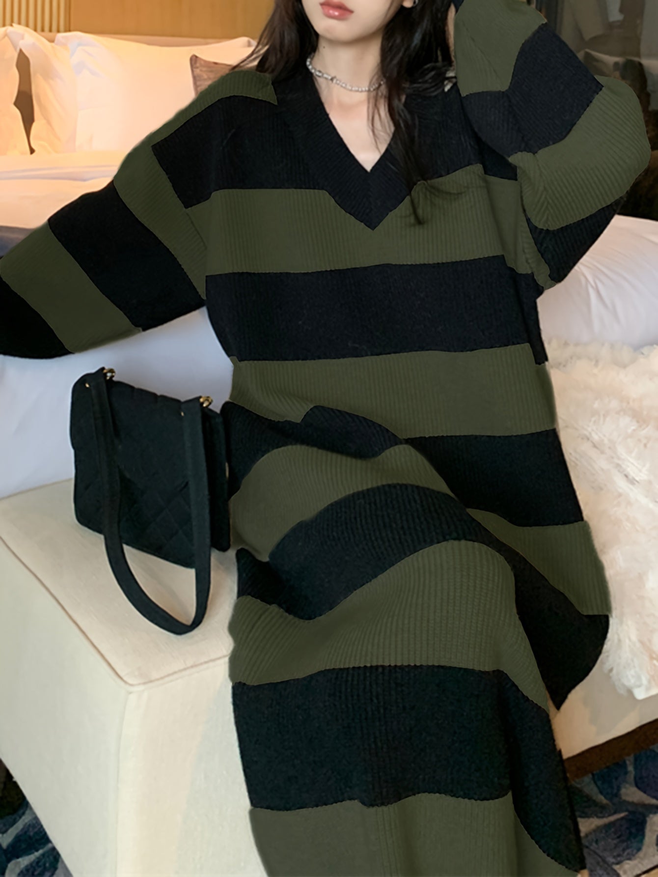 Sixsr Striped Drop Shoulder Sweater Dress, Casual V Neck Long Sleeve Maxi Dress, Women's Clothing