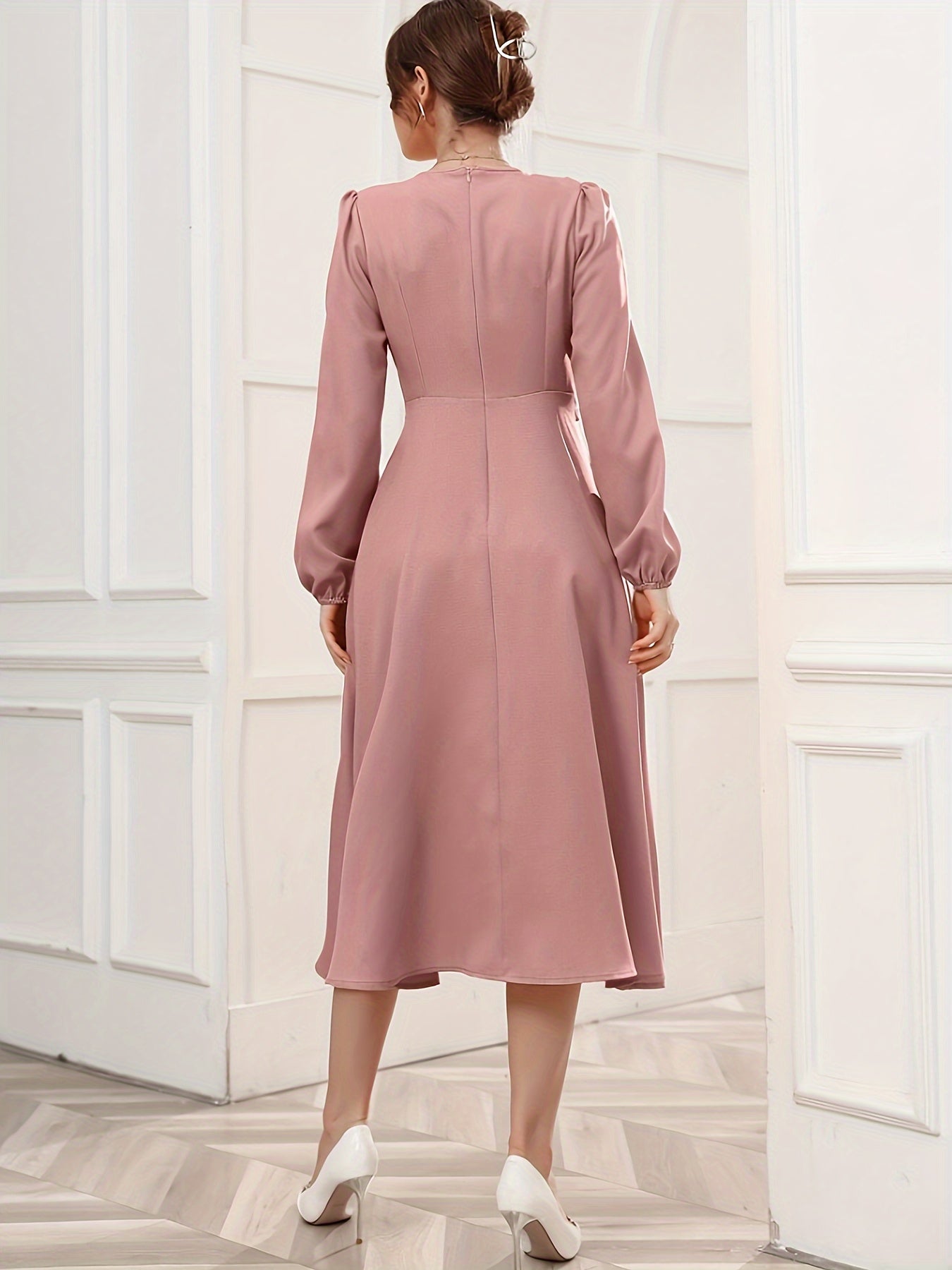 Sixsr Solid Surplice Neck Dress, Elegant Long Sleeve Belted Dress, Women's Clothing