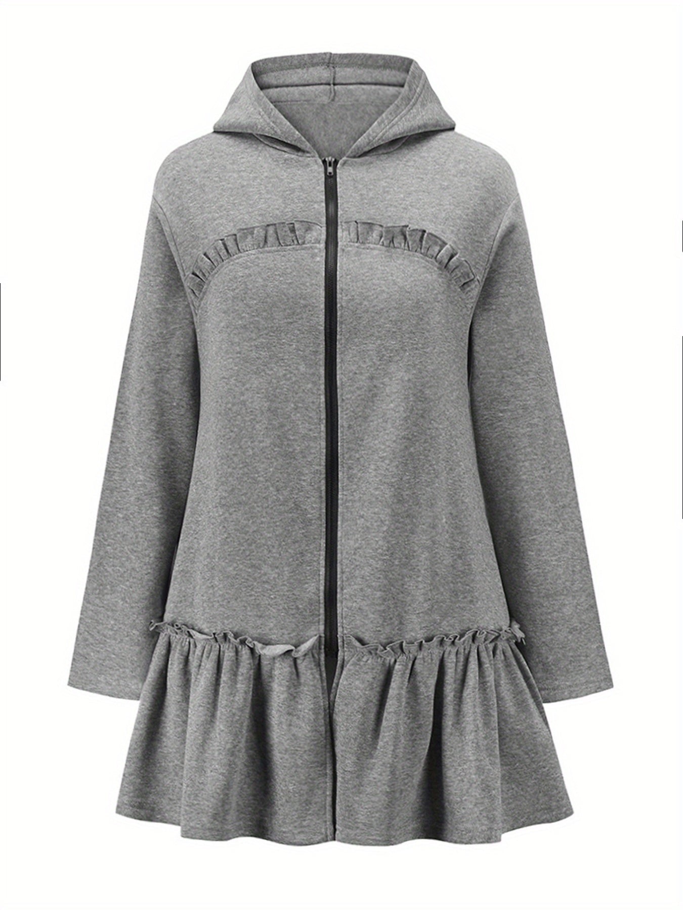 Sixsr Flared Ruffle Trim Hoodies, Casual Zip Up Long Sleeve Solid Sweatshirt, Women's Clothing