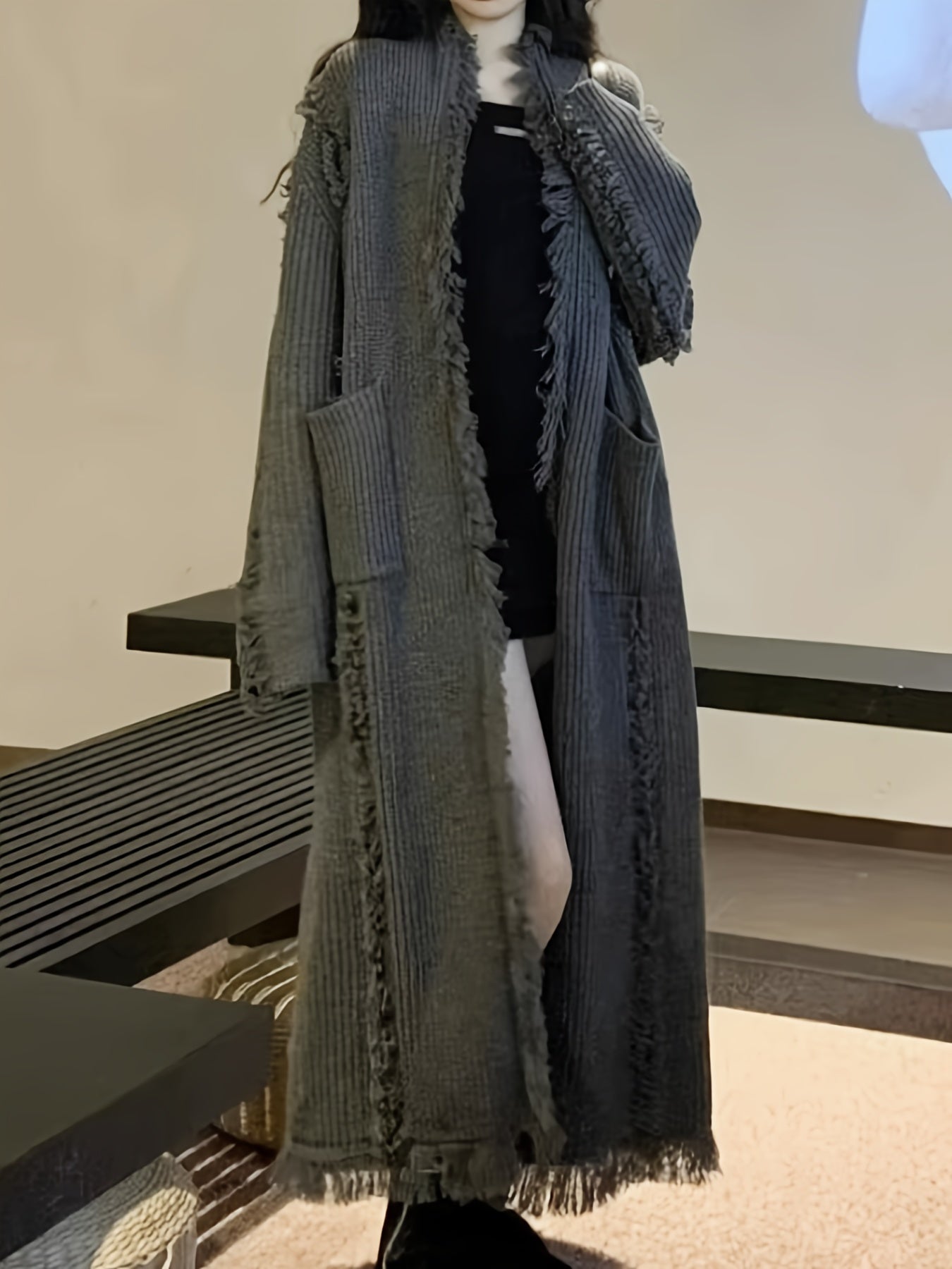 Sixsr Solid Color Open Front Loose Cardigans , Elegant Side Pockets Tassel Long Sleeve Top For Every Day, Women's Clothing