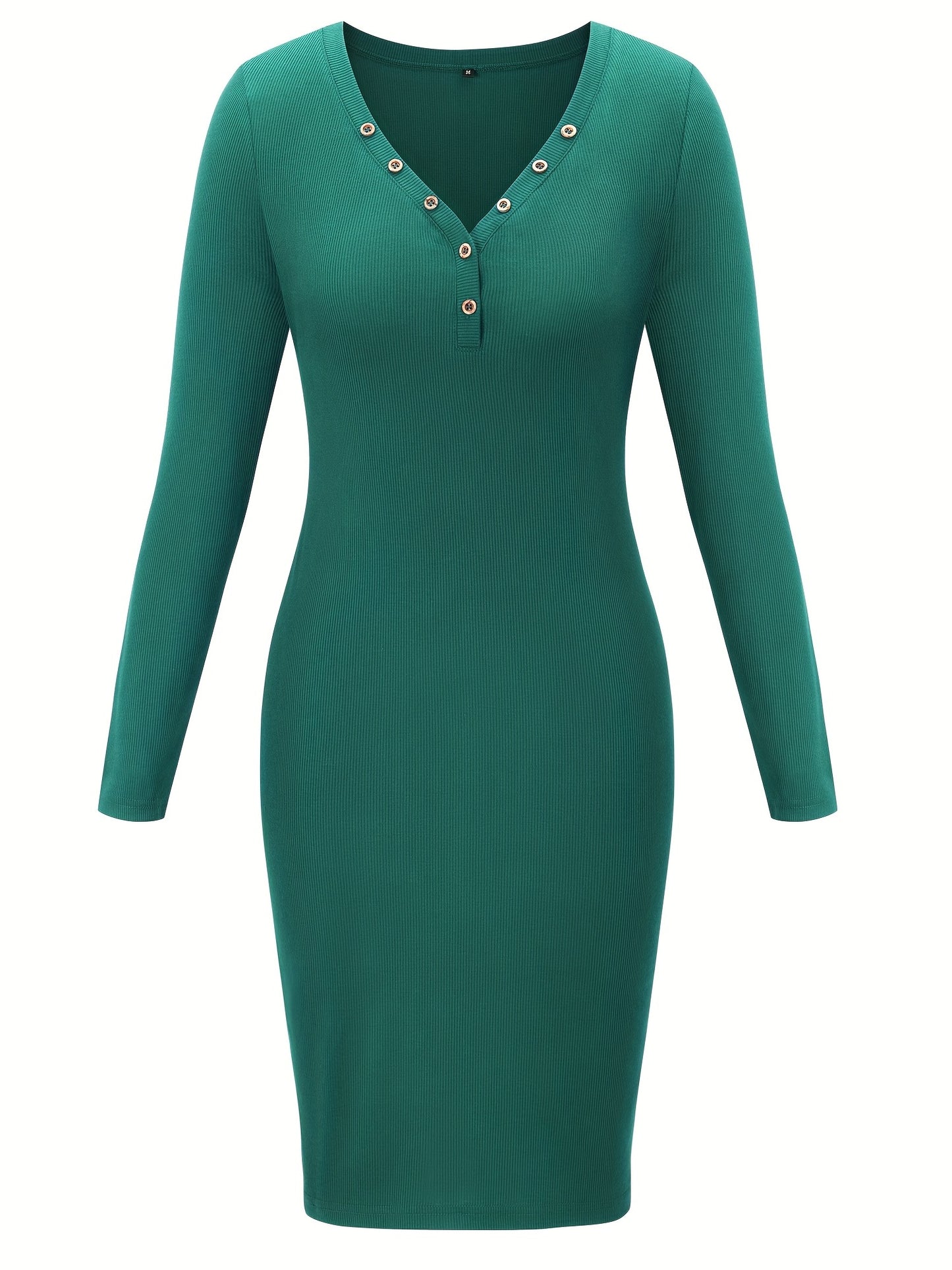 Sixsr Solid Buttons Dress, Casual V Neck Long Sleeve Bodycon Dress, Women's Clothing