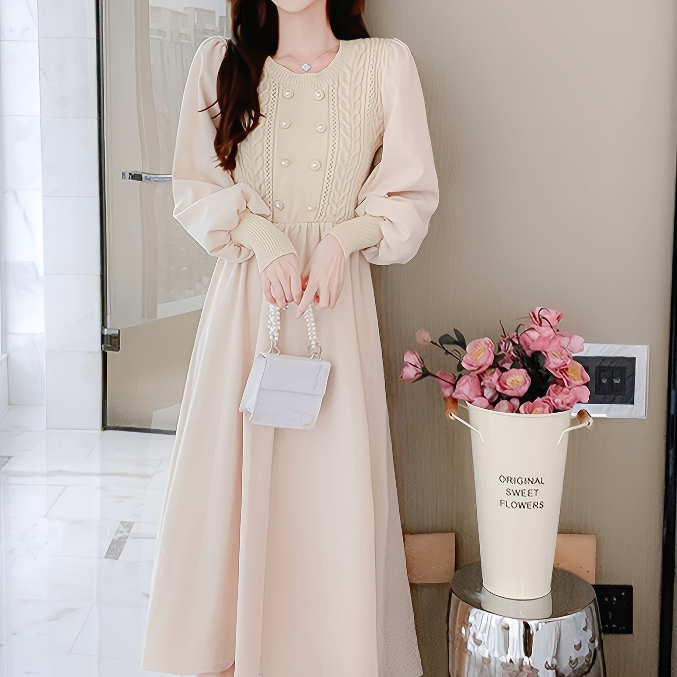 Sixsr Crew Neck Knitted Maxi Dress, Elegant Solid Color Button Long Sleeve Sweater A-line Dress For Fall & Winter, Women's Clothing