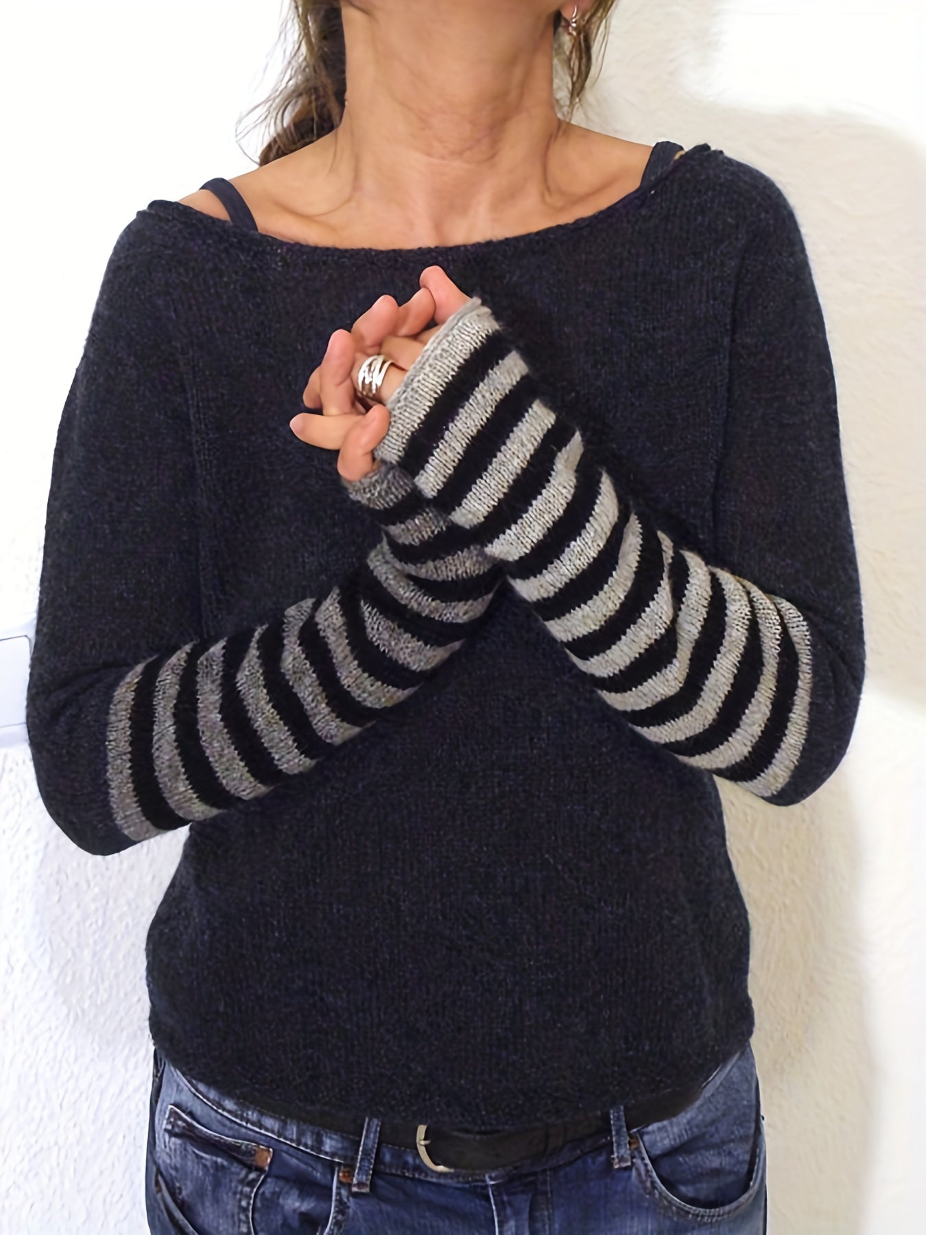 Sixsr Plus Size Casual Sweater, Women's Plus Colorblock Stripe Print Long Sleeve Boat Neck Sweater