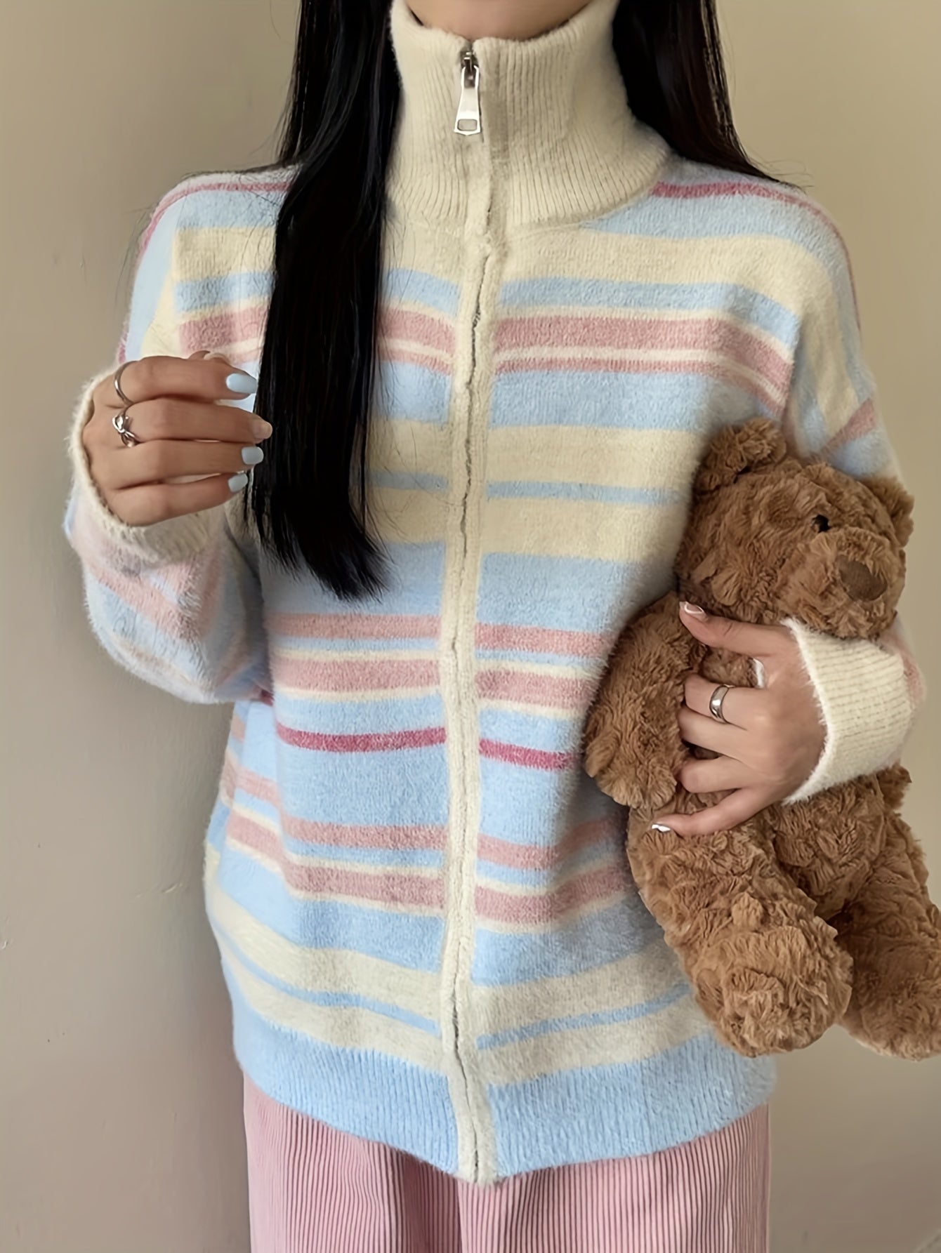 Sixsr Dopamine Striped Zip Up Knit Cardigan, Casual Turtle Neck Long Sleeve Loose Sweater, Women's Clothing