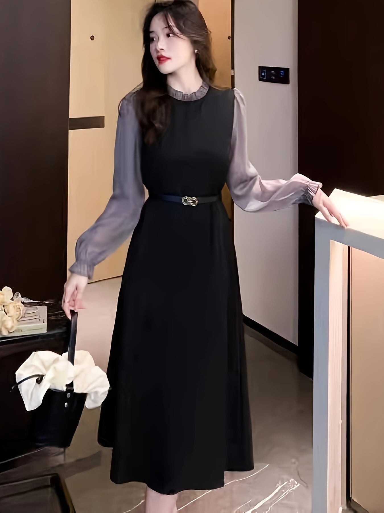 Sixsr Color Block Lettuce Trim Dress, Elegant Long Sleeve Midi Dress, Women's Clothing
