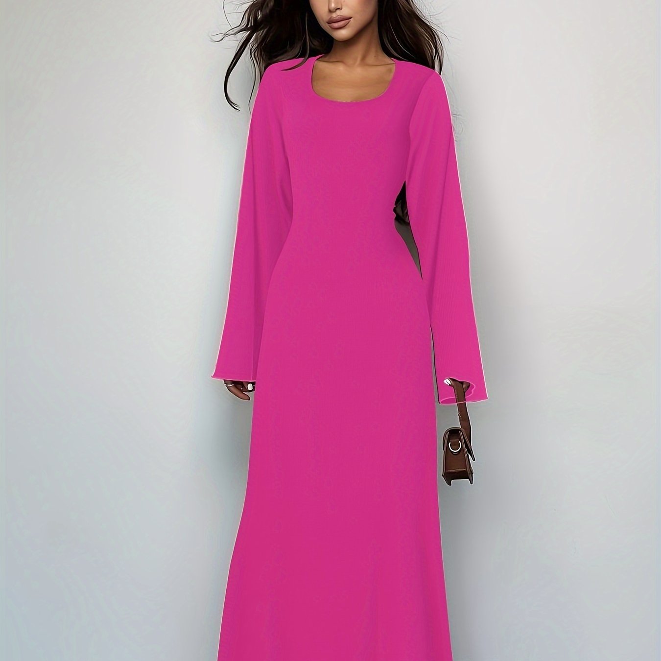 Sixsr Solid Tie Back U Neck Dress, Elegant Long Sleeve Maxi Dress, Women's Clothing