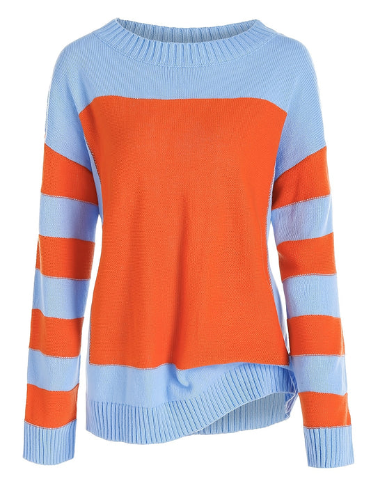 Sixsr Plus Size Colorblock Long Sleeve Pullover Sweater, Women's Plus Slight Stretch Casual Sweater