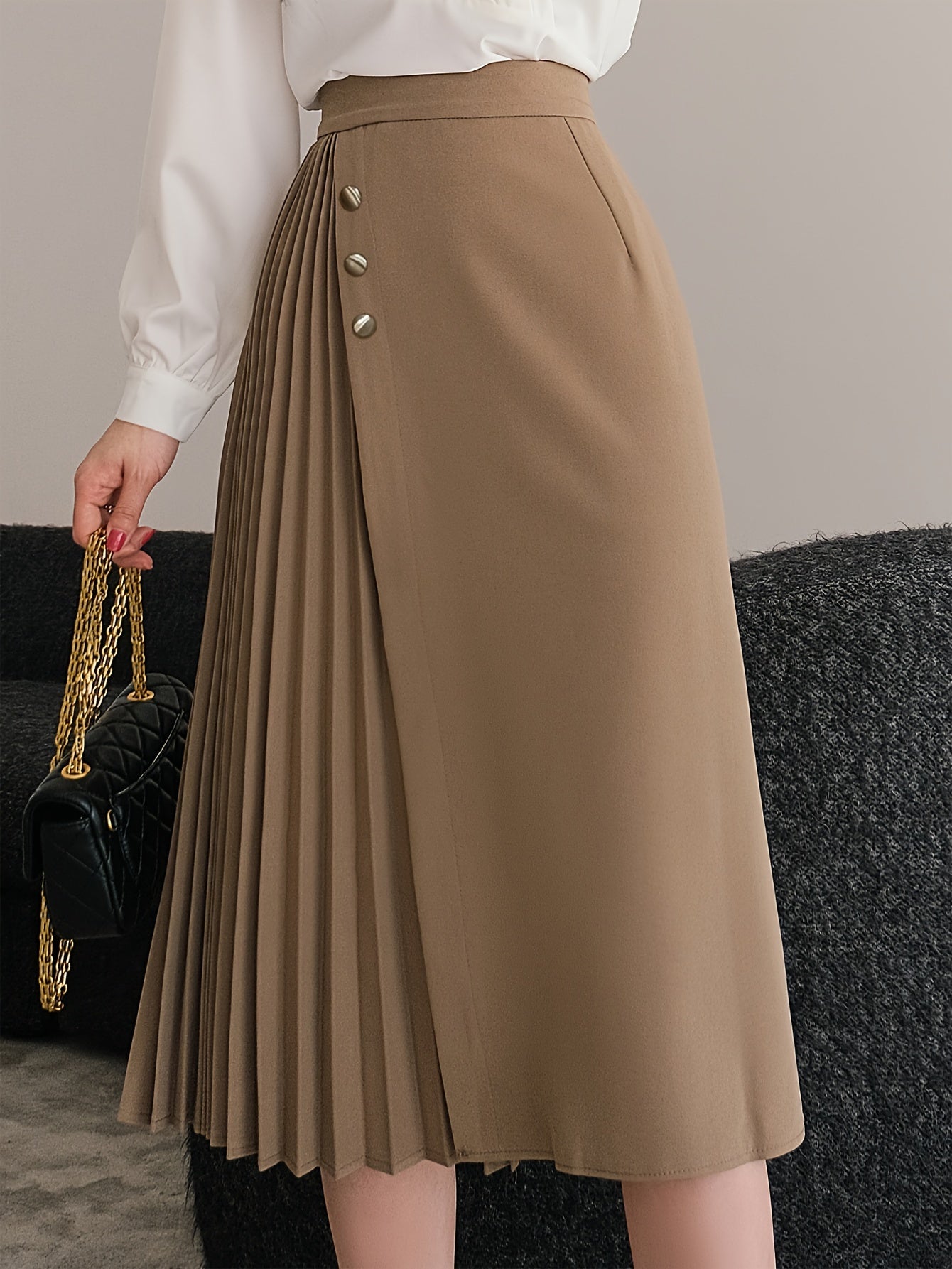 Sixsr Solid High Waist Pleated Skirt, Elegant Button A Line Midi Skirt, Women's Clothing