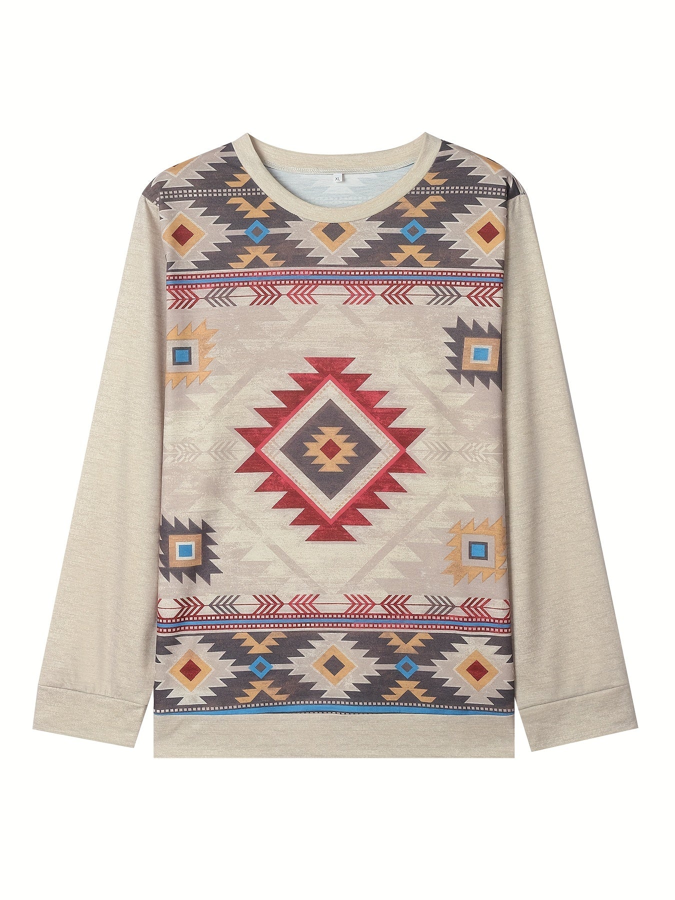 Sixsr Plus Size Boho Sweatshirt, Women's Plus Geometric Print Long Sleeve Round Neck Slight Stretch Sweatshirt