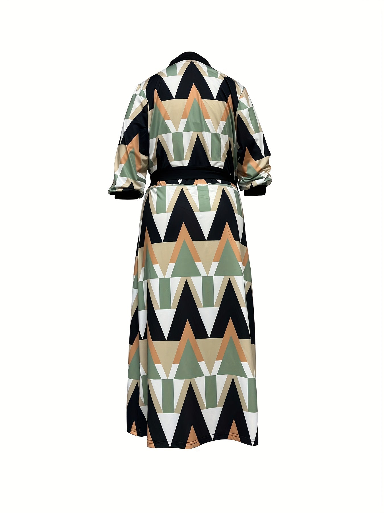 Women's Plus Size Colorblock Geometric Print Lantern Sleeve Surplice Neck Dress with Belt & Pockets - Stylish and Comfortable