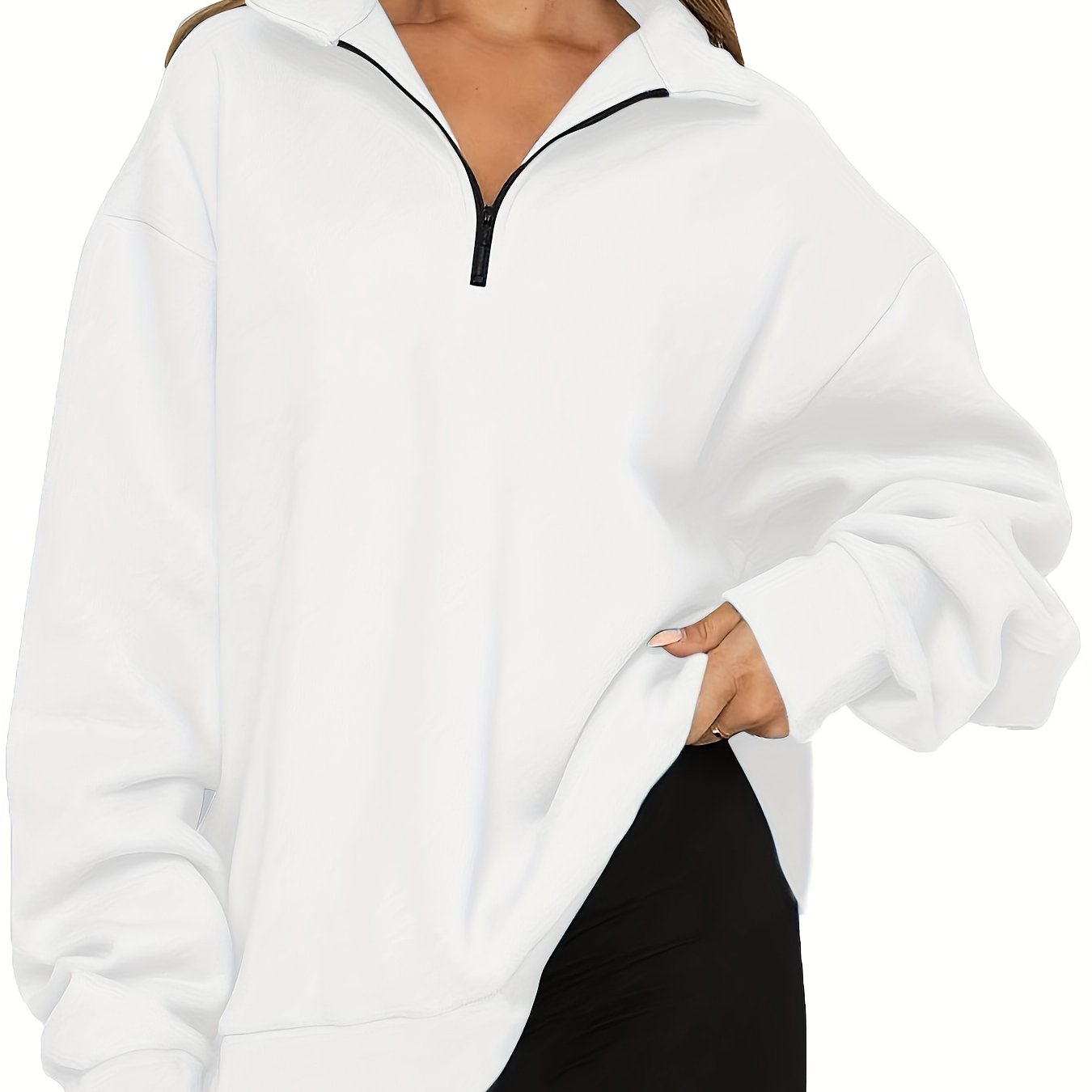 Sixsr Plus Size Casual Sweatshirt, Women's Plus Solid Long Sleeve Zip Up Lapel Collar Pullover Sweatshirt, Casual Tops For Fall & Winter, Women's Clothing