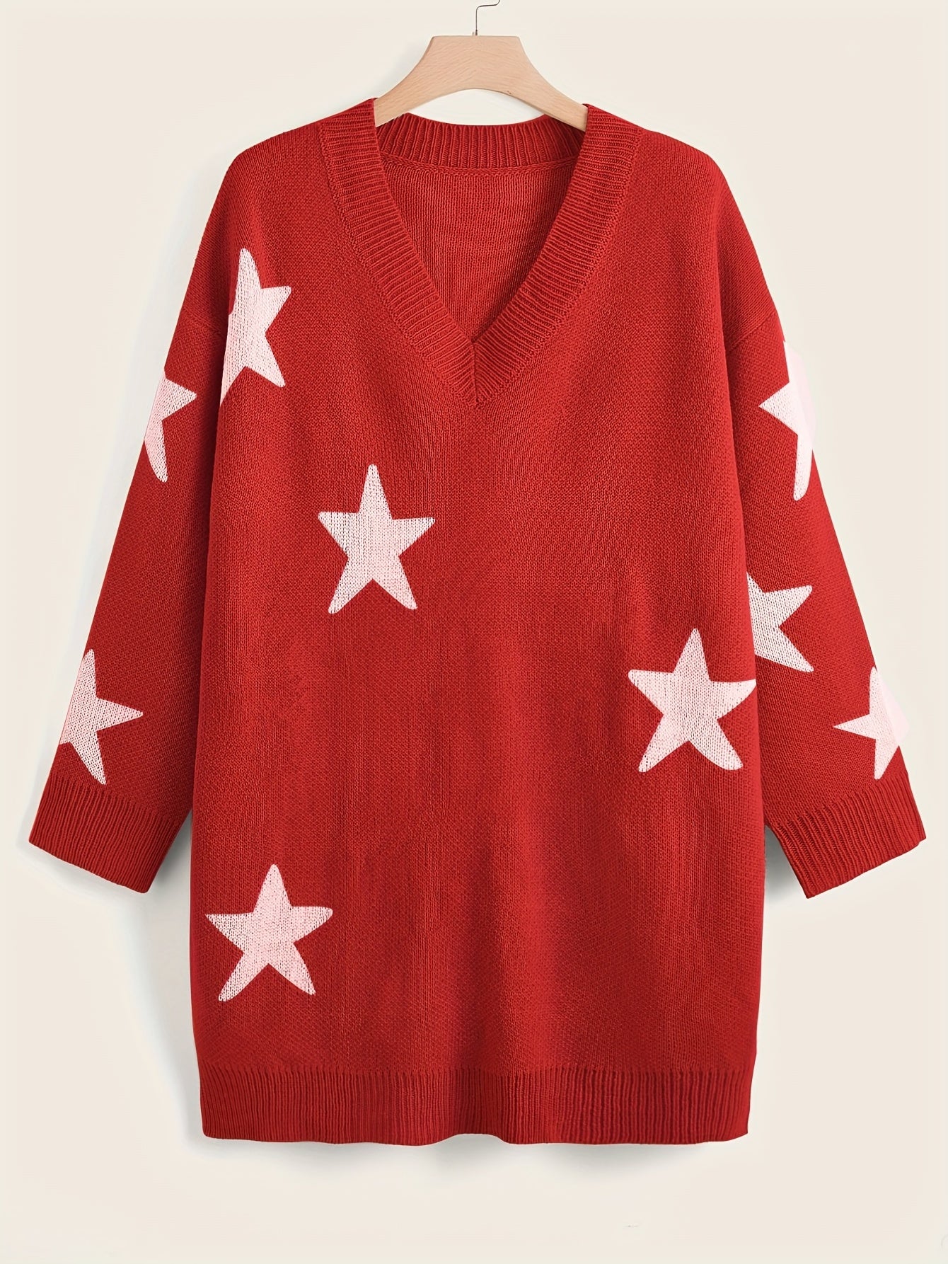 Sixsr Stars Print Sweater Dress, Casual V Neck Long Sleeve Mini Dress, Women's Clothing