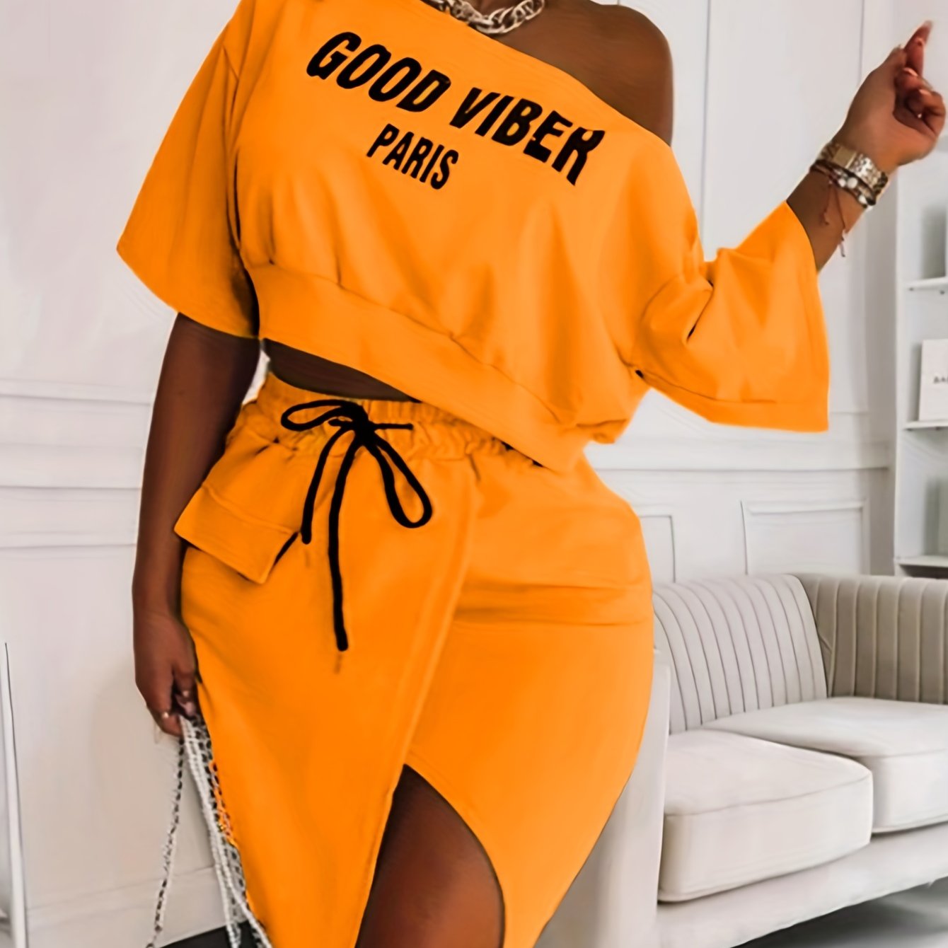 Plus Size Casual Outfits Two Piece Set, Women's Plus Letter Print One Shoulder Short Sleeve Top & Drawstring Split Hem Knee Length Skirt Outfits 2 Piece Set