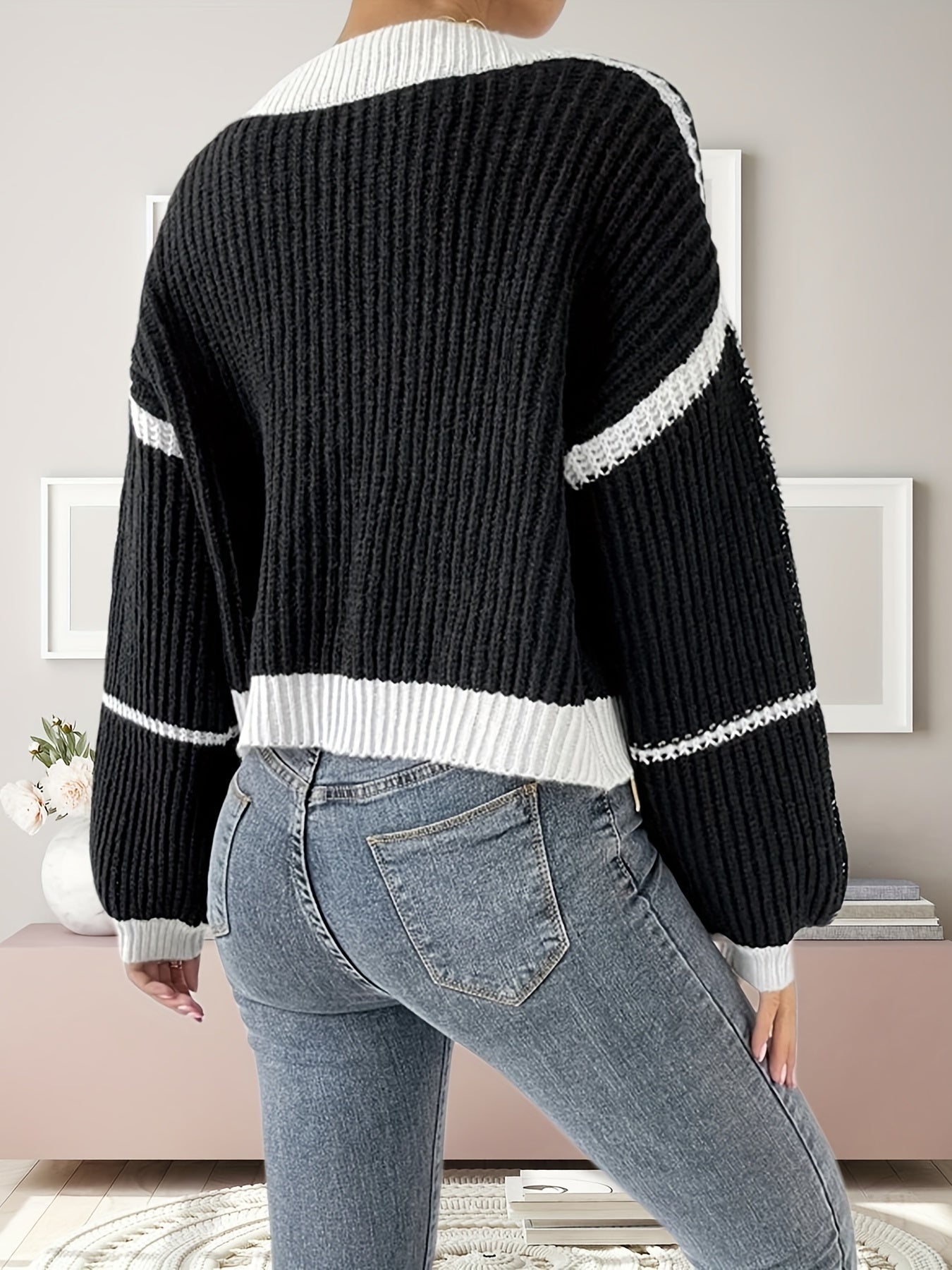 Sixsr Contrast Color Open Front Cardigan, Casual Loose Lantern Sleeve For Spring & Summer, Women's Clothing