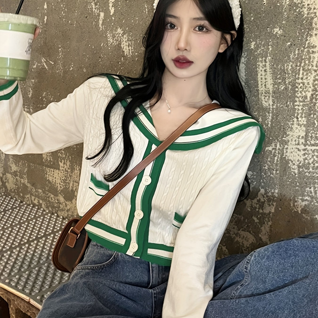 Sixsr Striped Navy Collar Knit Cardigan, Casual Long Sleeve Button Crop Sweater, Women's Clothing