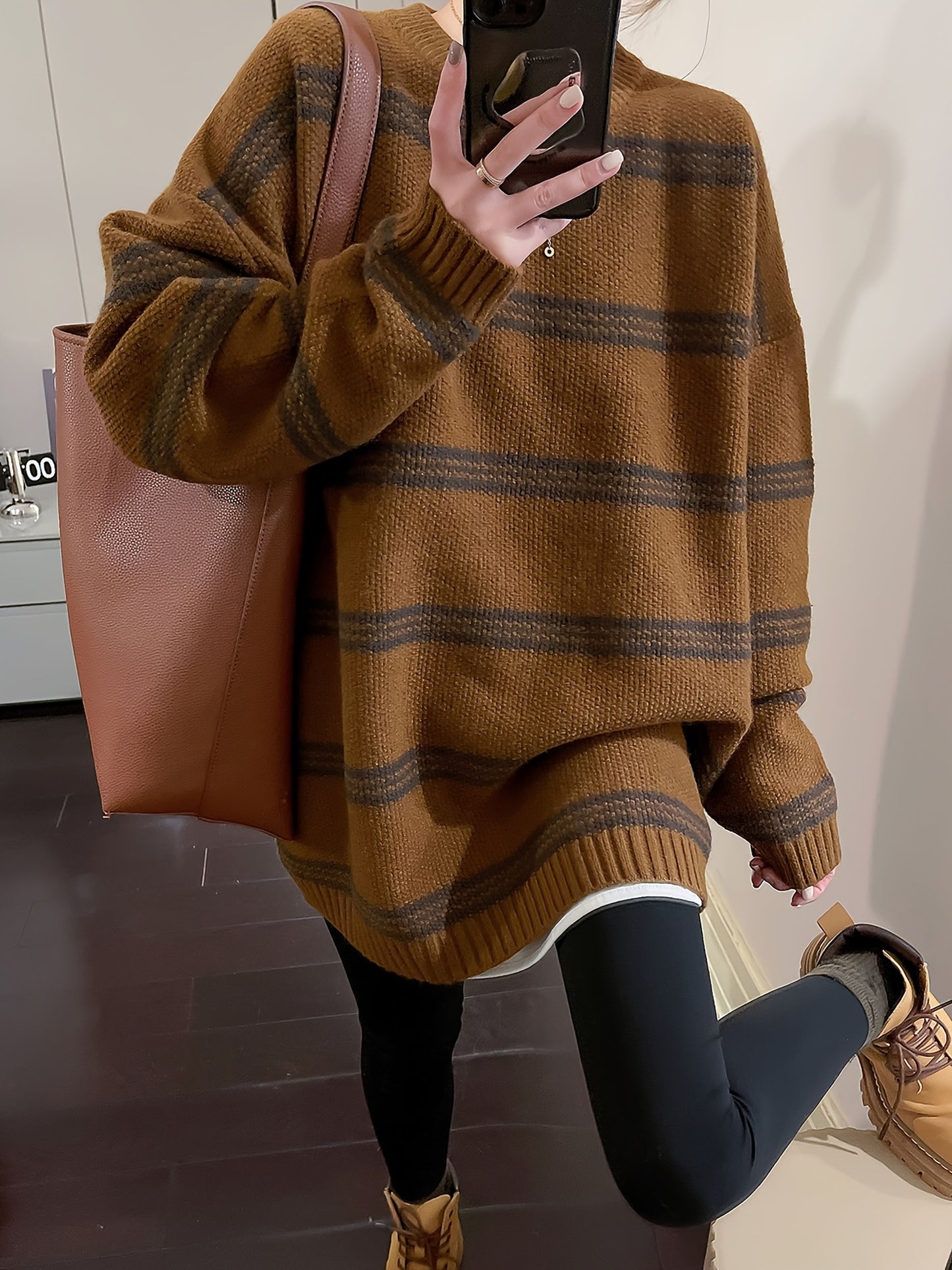 Sixsr Striped Crew Neck Pullover Sweater, Vintage Long Sleeve Oversized Slouchy Sweater, Women's Clothing