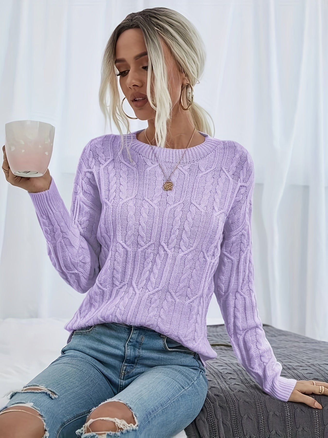 Sixsr Twist Pattern Crew Neck Sweater, Casual Long Sleeve Sweater For Fall & Winter, Women's Clothing