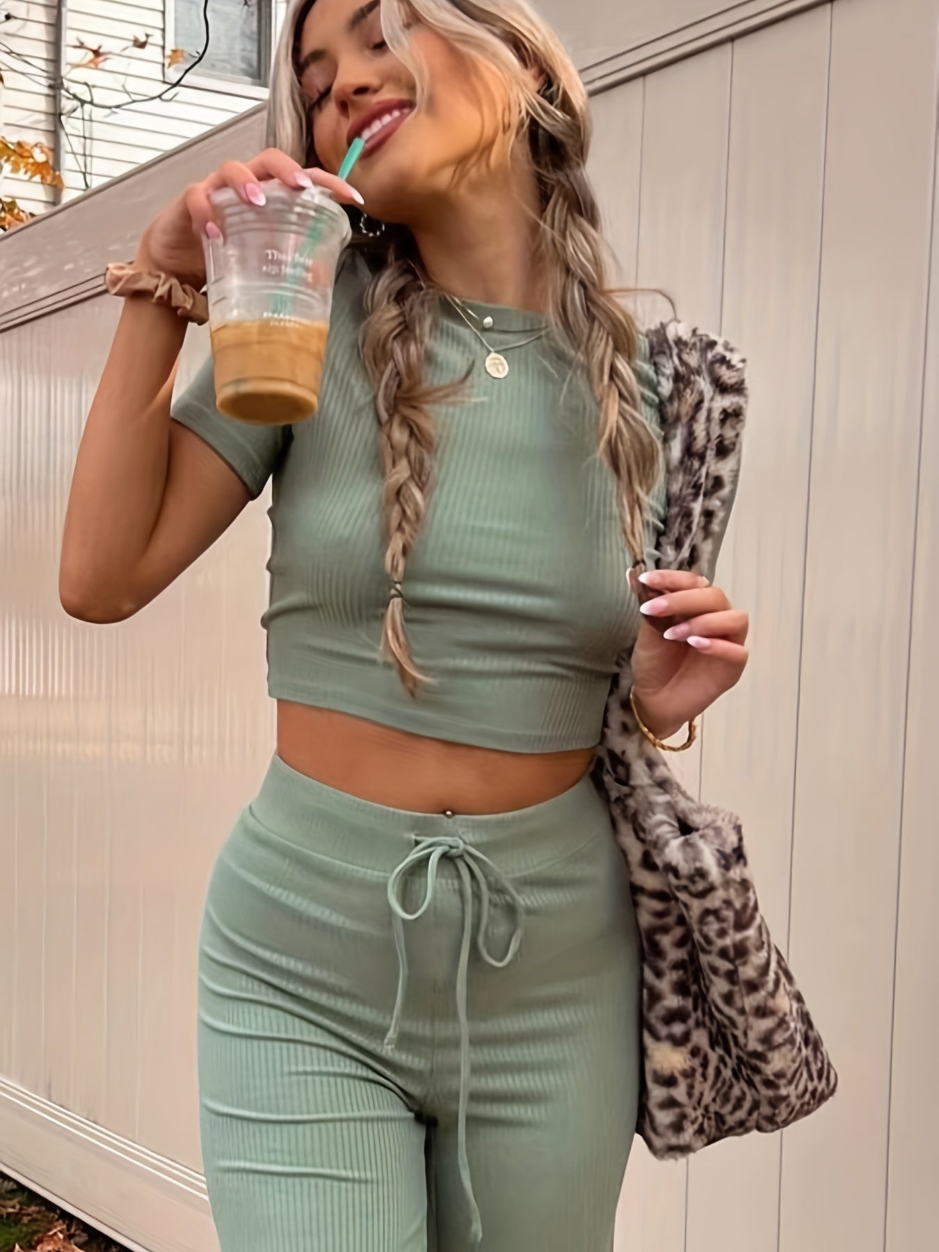Sixsr Solid Casual Two-piece Set, Crew Neck Short Sleeve Tops & Drawstring Wide Leg Pants Outfits, Women's Clothing